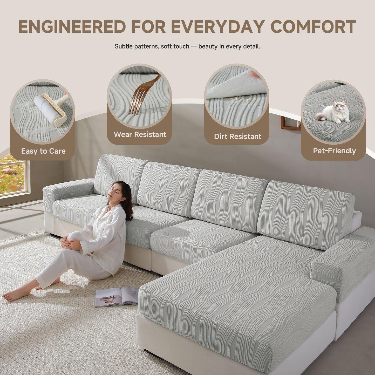 QIANMEW Couch Cushion Covers, Super Stretch Washable Sofa Slipcovers for L Shaped & Modular Seats, Pet-Friendly Furniture Protector with Stripe Design, (2 Seat Covers S, Dark Gray) BST326H