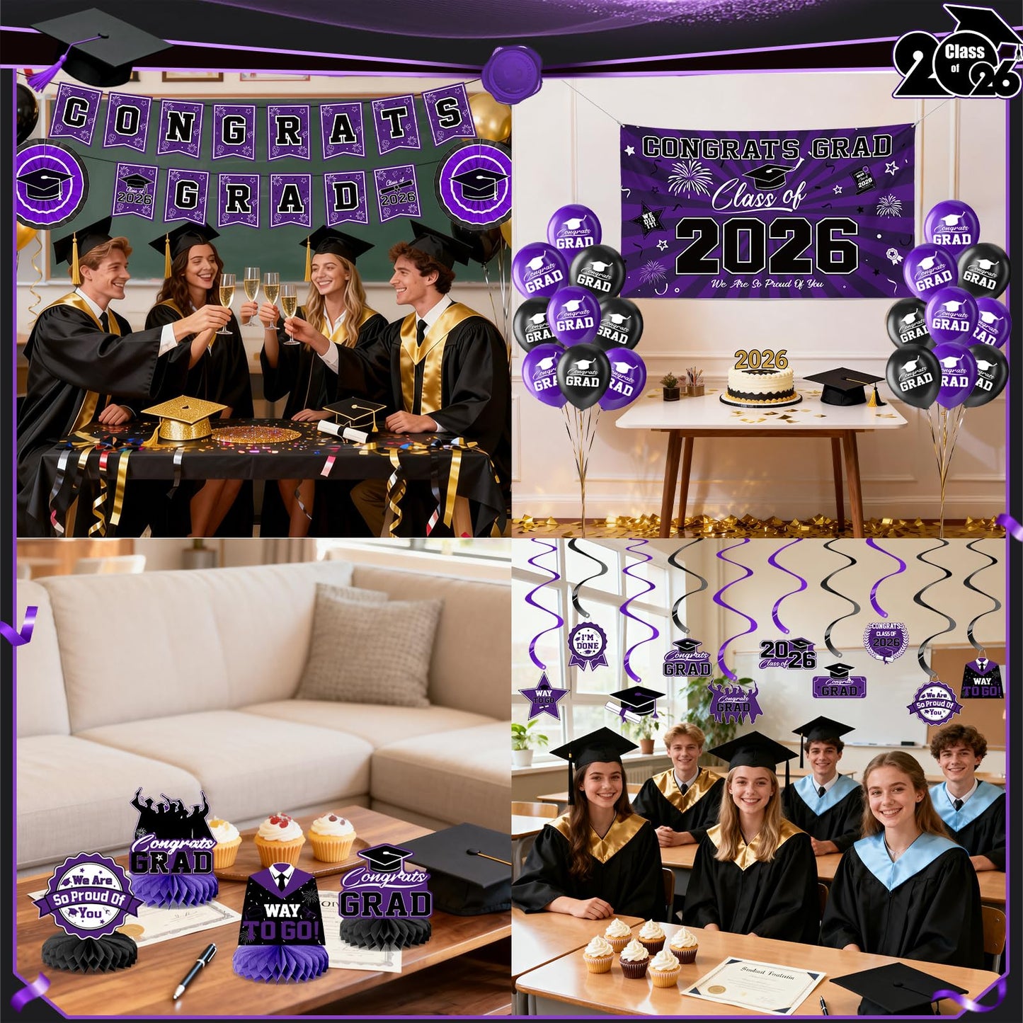 Graduation Decorations 2026-Blue and Black Graduation Party Decorations Supplies Class of 2026 with Graduation Banner, Backdrop, Balloons, Centerpieces, Hanging Swirl for Grad Party BST326H