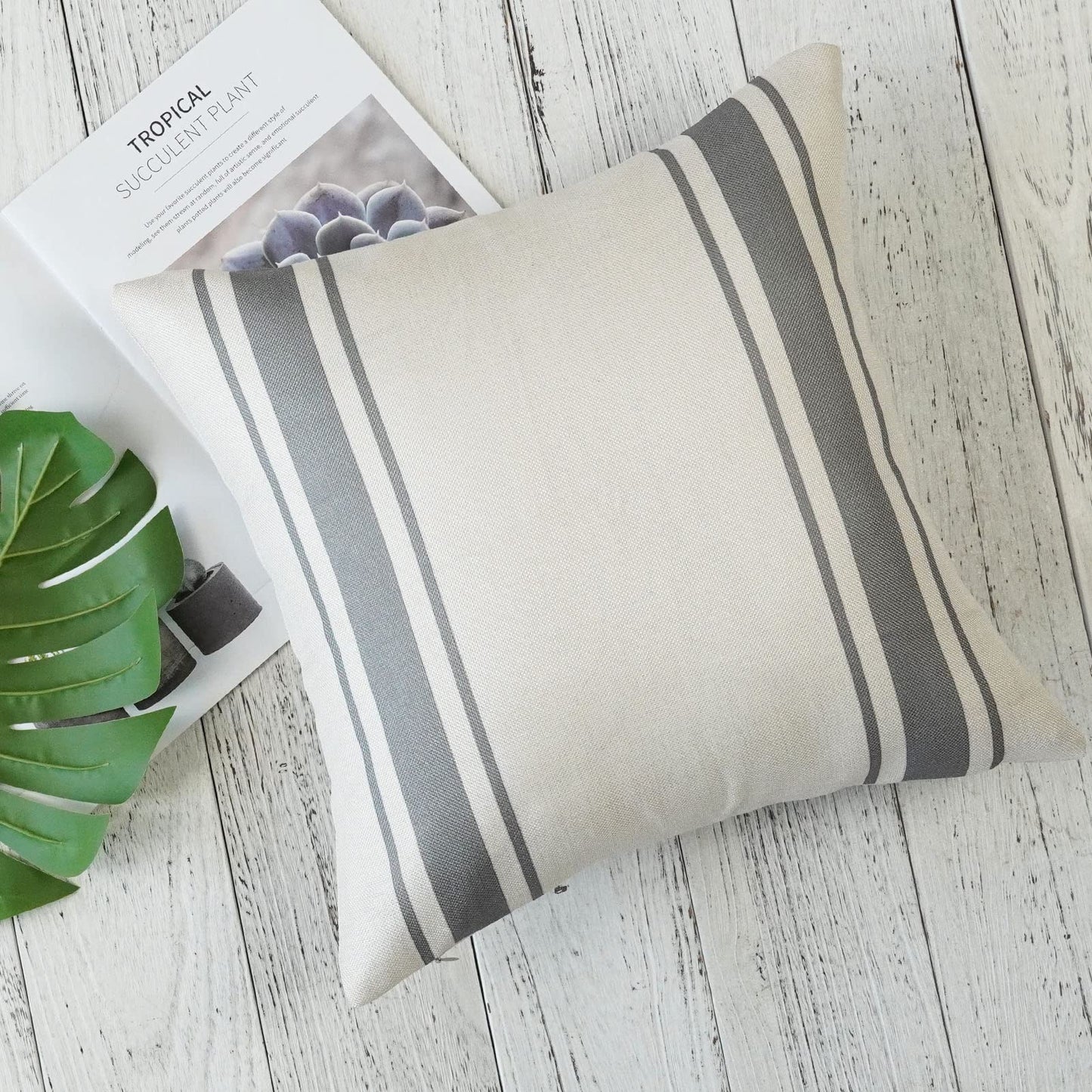 ONWAY Outdoor Pillow Covers Waterproof 18x18 Set of 2 Decorative Linen Throw Pillow Cover Beige and Black Striped Outdoor Pillows for Patio Furniture BST220