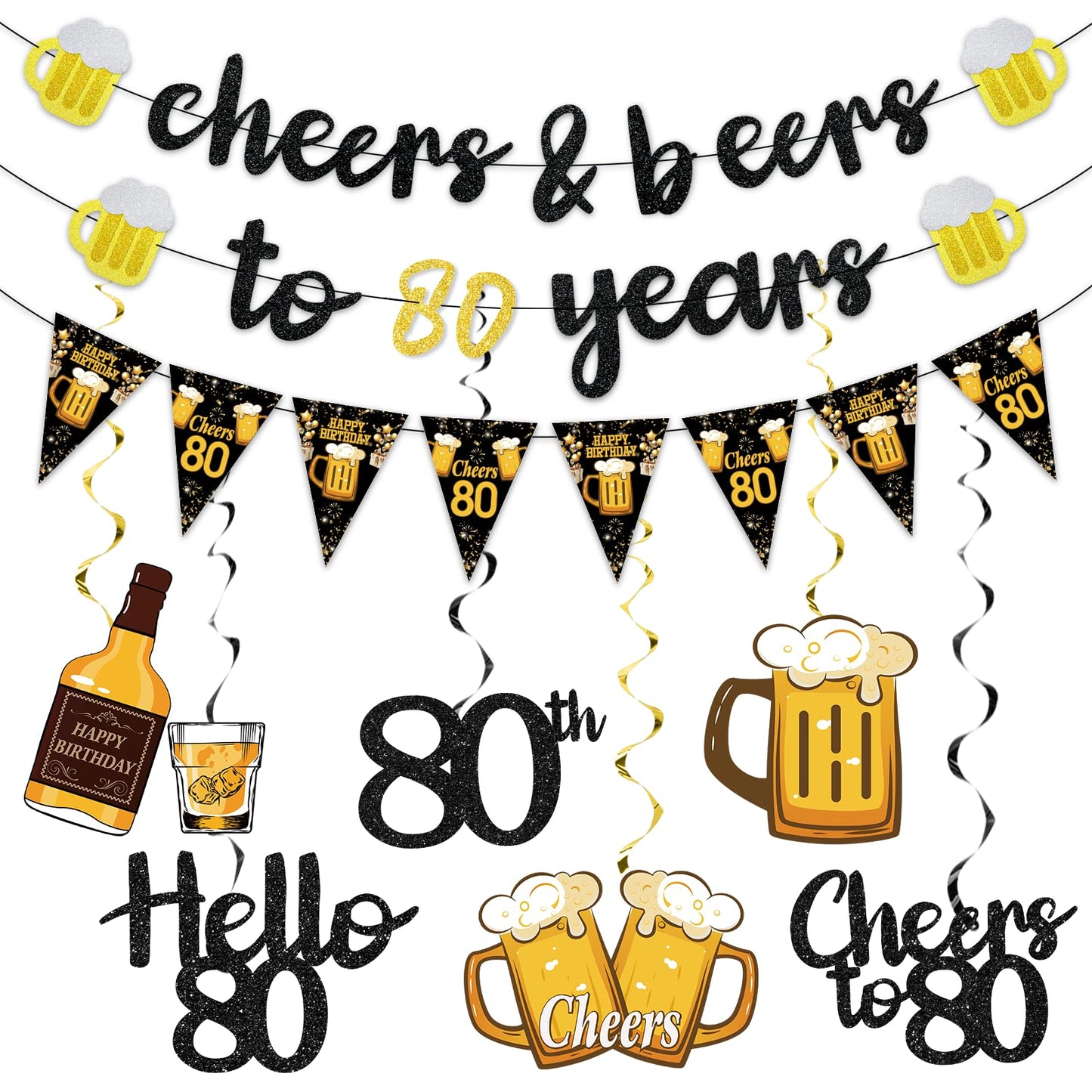 Black Gold 90th Birthday Decorations for Men Women, Glitter Pre-Strung Cheers to 90 Years Banner Hello 90 Hanging Swirls Paper Triangle Flag Banner Decorations Bday Party Supplies Kit WN420