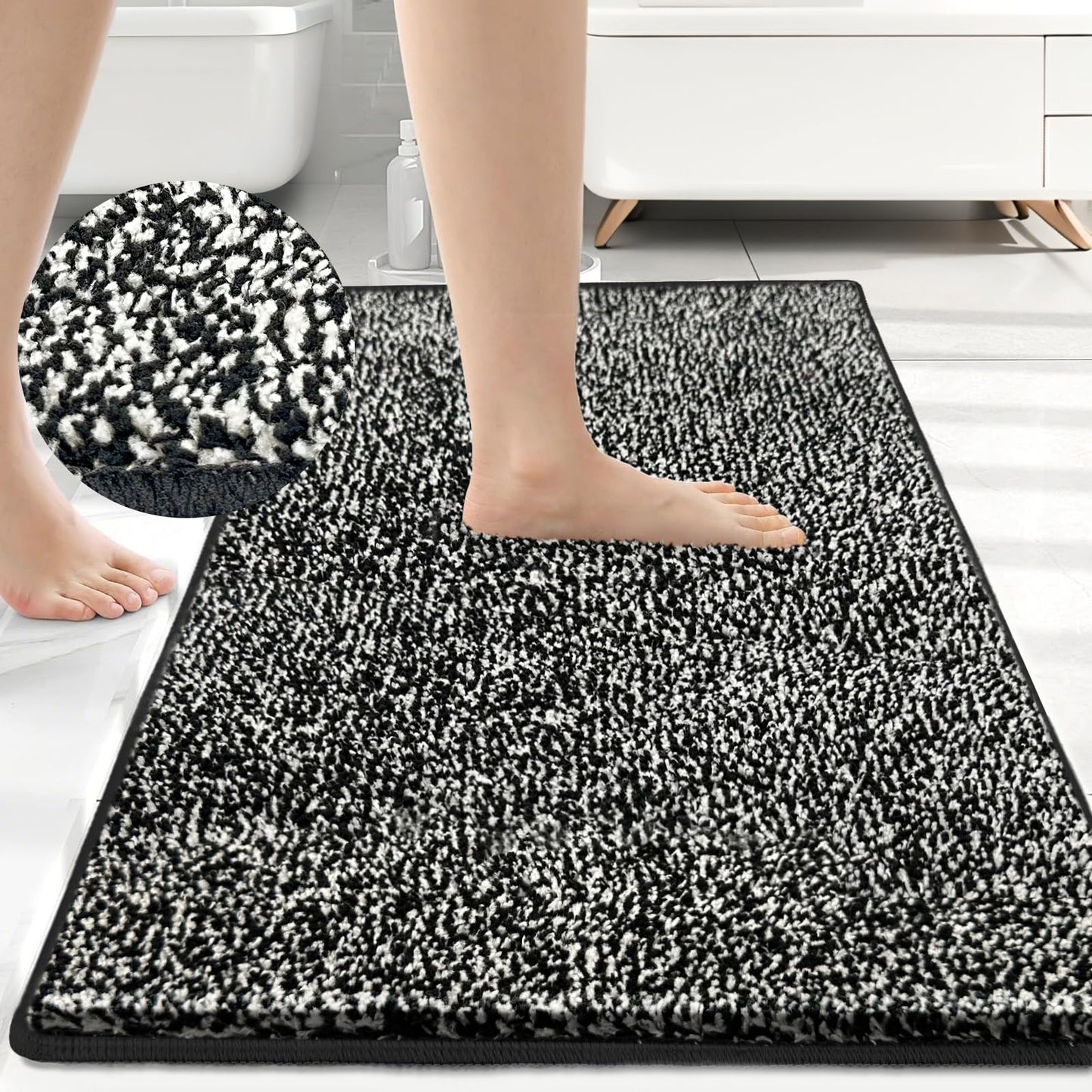 HDFK Bathroom Rugs | Non Slip Washable Bath Mats 24x16 Inches 2 Tone Soft Chenille Medium Pile TPR Floor Mat | High Absorbency Quick Dry Grey and White | Shower Rug for Wet Dry Zone BST220