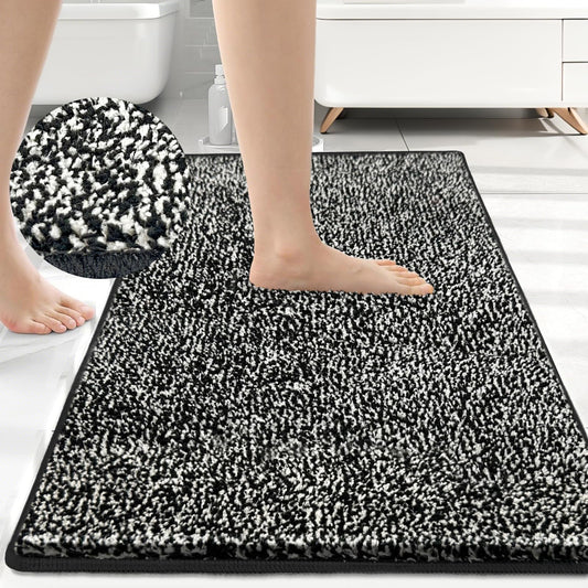 HDFK Bathroom Rugs | Non Slip Washable Bath Mats 24x16 Inches 2 Tone Soft Chenille Medium Pile TPR Floor Mat | High Absorbency Quick Dry Grey and White | Shower Rug for Wet Dry Zone BST220