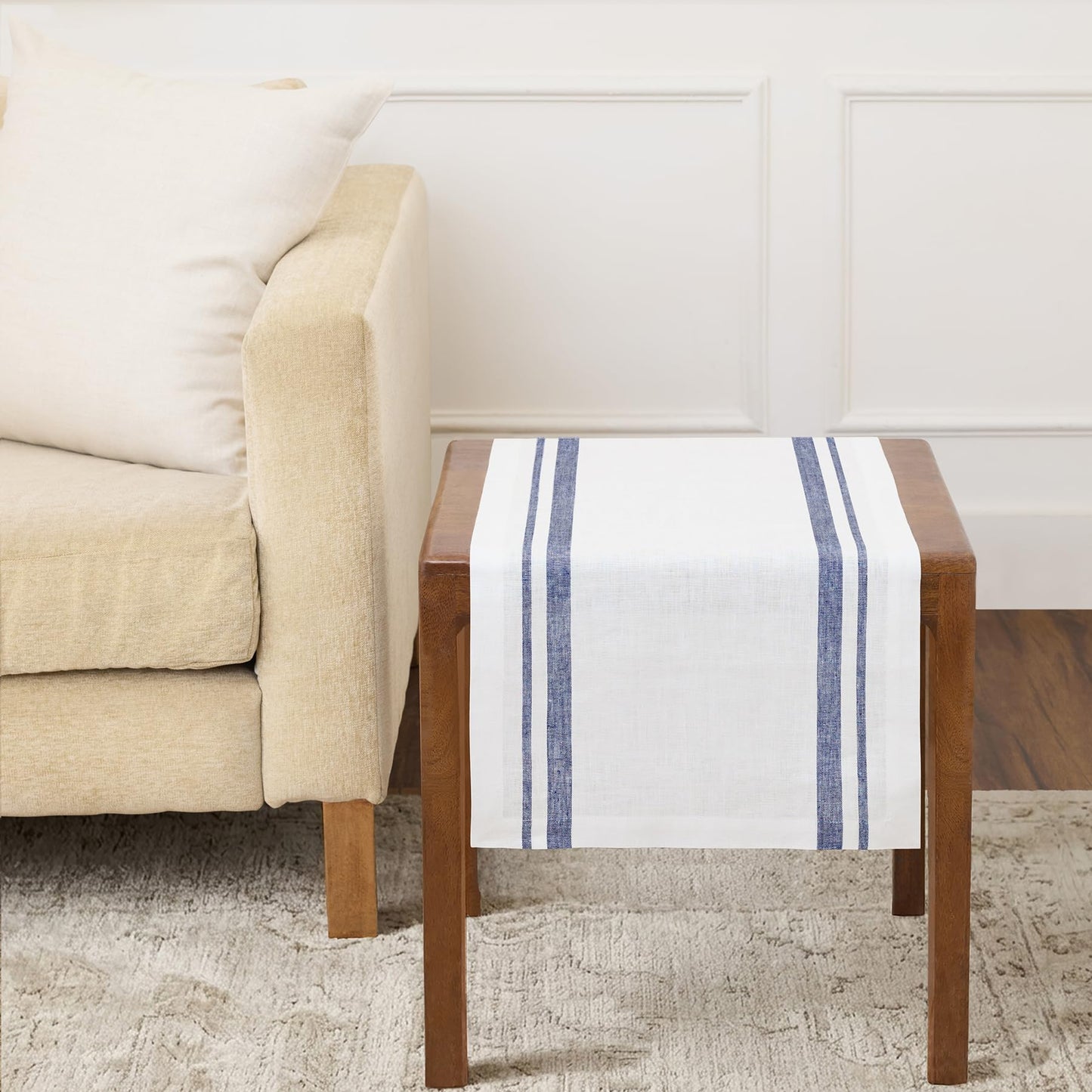 Solino Home 100% Pure Linen Table Runner, 14 x 60 in, Black, French Stripe | Table Runners for dining, hallway and console tables | woven stripe, mitered corners | Black and White | OEKO-TEX Certified BST326SOLH