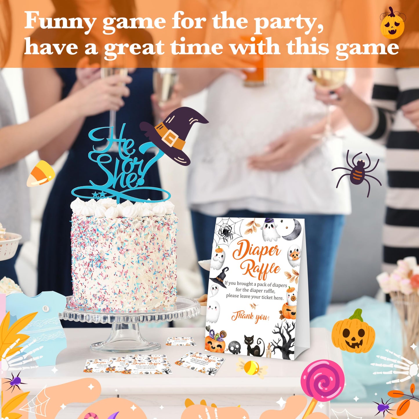 Halloween Baby Shower Measure The Baby Bump, 1 Self-Standing Sign + 50 Tickets for Little Ghost Gender Reveal Announcement Party Favor Supplies - D12 BST326L
