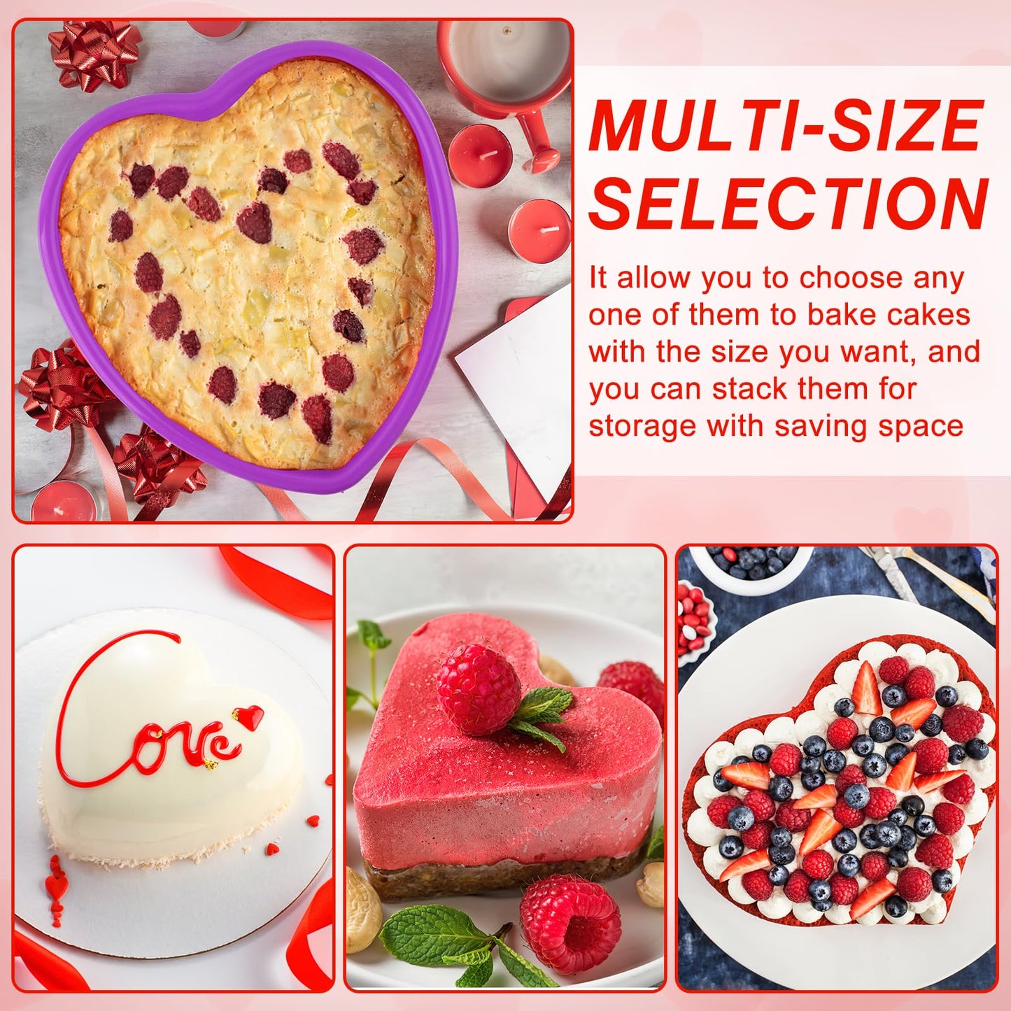 3 Pieces Silicone Heart Cake Pan, 5 8 10 inches Heart Shaped Cake Pan Nonstick Cheesecake Mold Reusable Food Grade Silicone Baking Mold for Baking Brownie Valentine Mother Wedding Birthday Day, Red BST326H