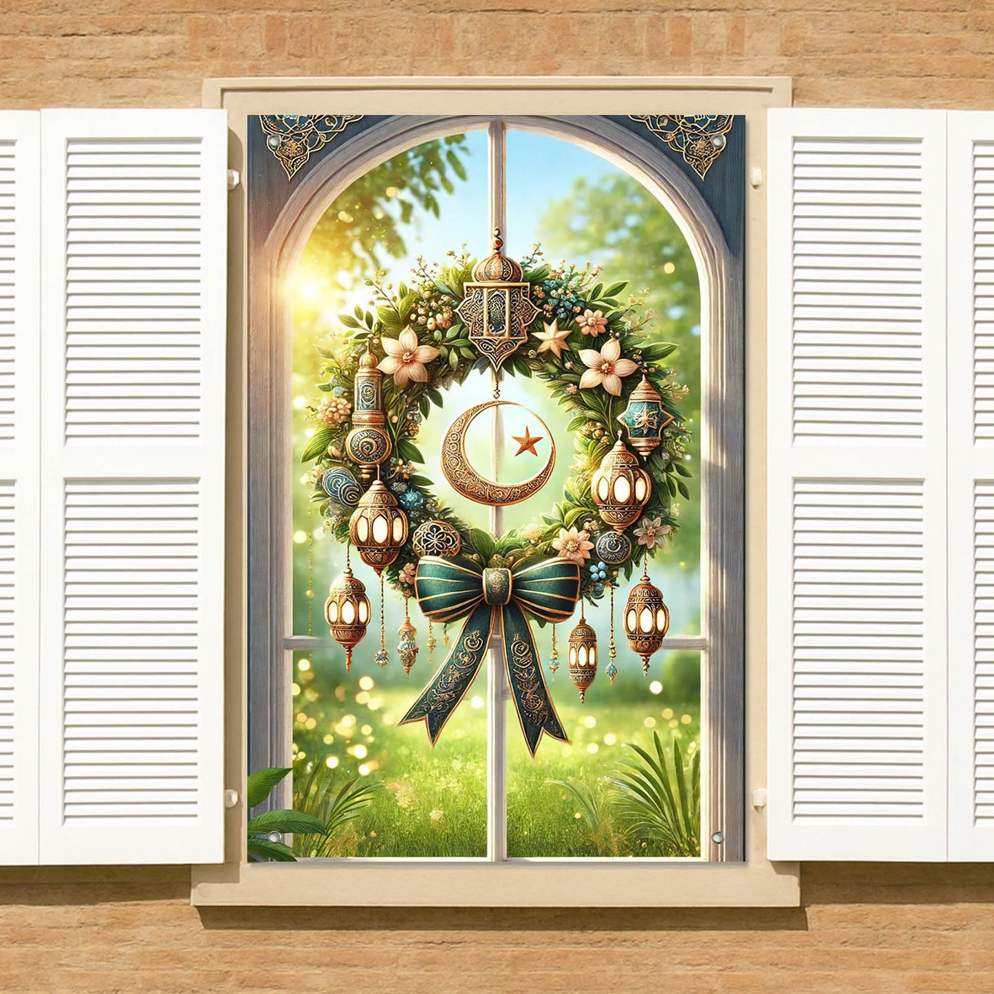 HOMETITUTE Eid Ramadan Window Banner Holiday Curtain Backdrop 31x47 Fabric | Mubarak Cover Festival Screen Windows Banner Hanging Living Room Bedroom Home Crescent Moon Star Pattern Design BST326H
