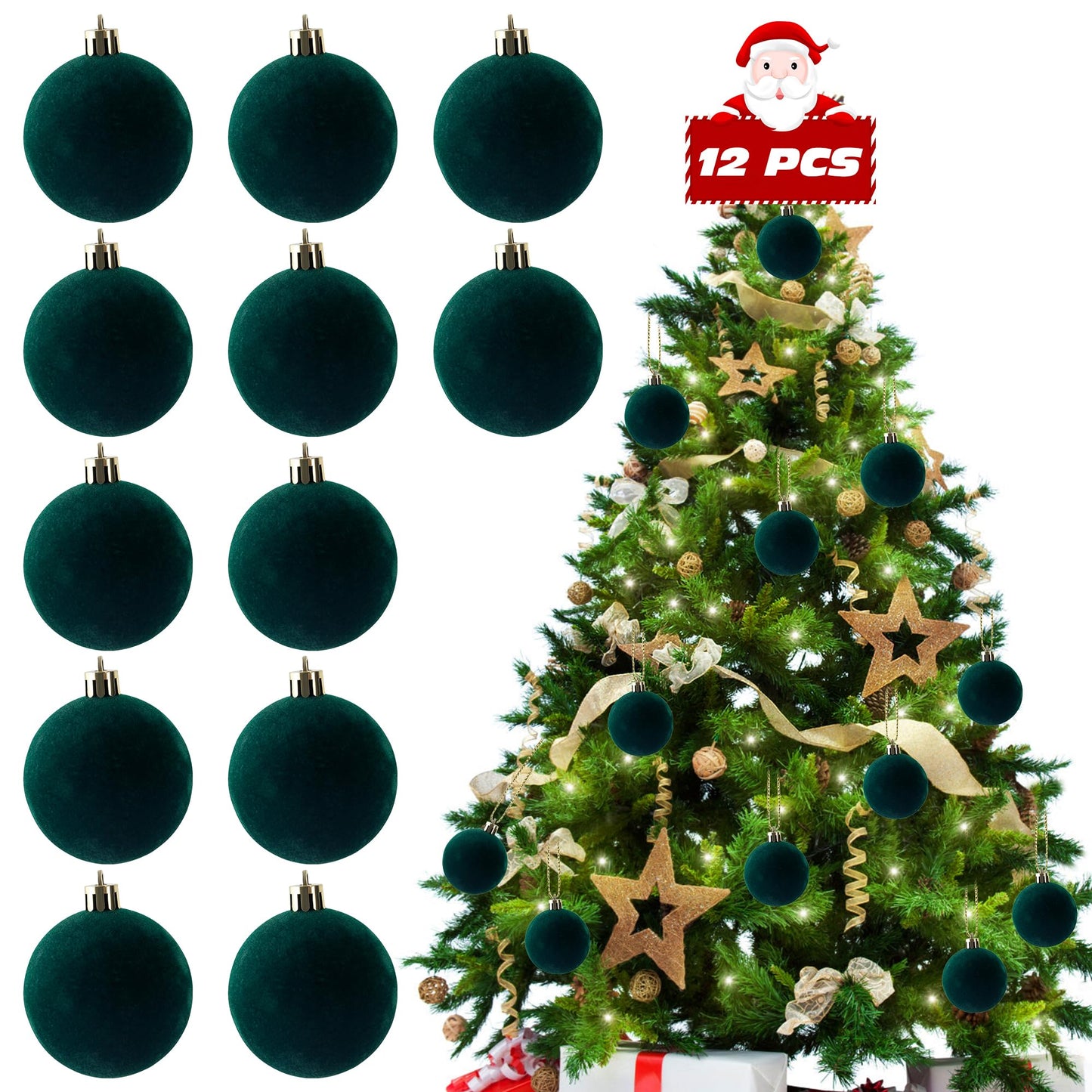 12 PCS Velvet Ornaments for Christmas Tree Decorations, Elegant Velvet Christmas Ornaments Balls, Shatterproof Xmas Decorative Hanging Ornaments(Brown, Green, Light Khaki,2.36 Inch) BST202