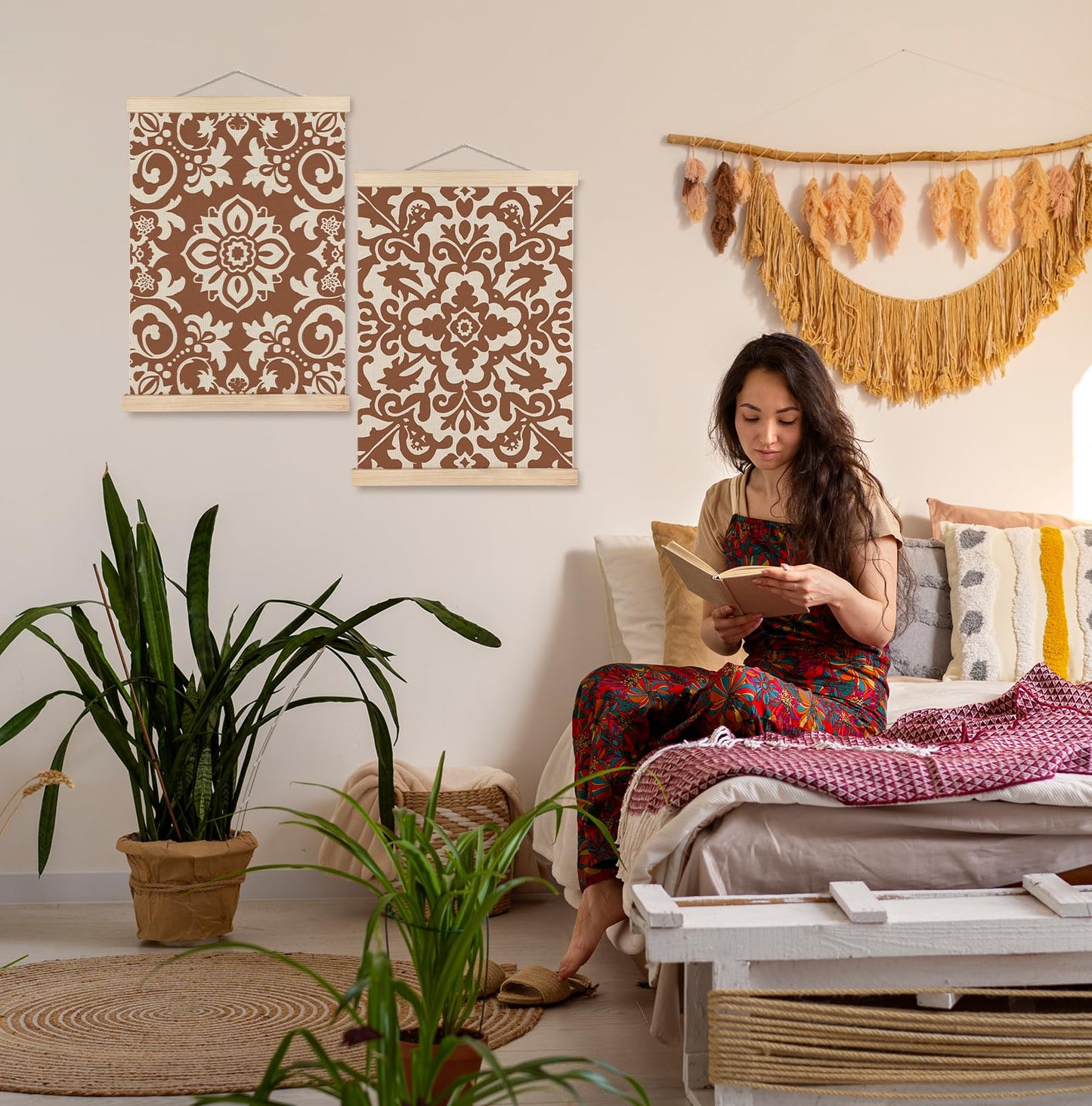 SPBL&L Green Boho Floral Mexican Wall Art, Abstract Flower Poster Hanger Frame, Burnt Orange Terracotta Botanical Hanging Canvas Pictures Prints Wall Decor for Home Bedroom, 12x16 Inch Set of 2 BST202