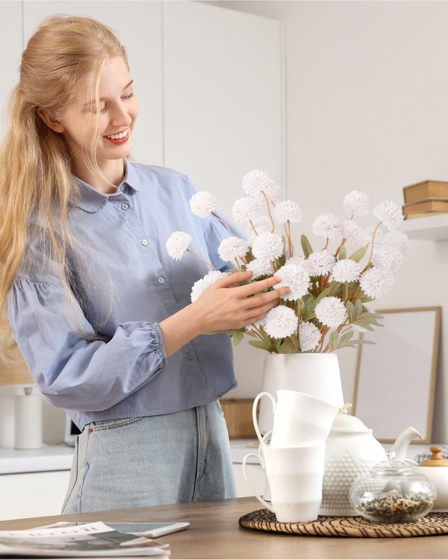 Beige Faux Silk Mums Artificial Flowers, 8Pcs Fall Fake Kiku Small Mini Chrysanthemum Pom Pom Stems for DIY Bouquets Centerpieces Vase Autumn Home Decorations Floral Arrangement BST202