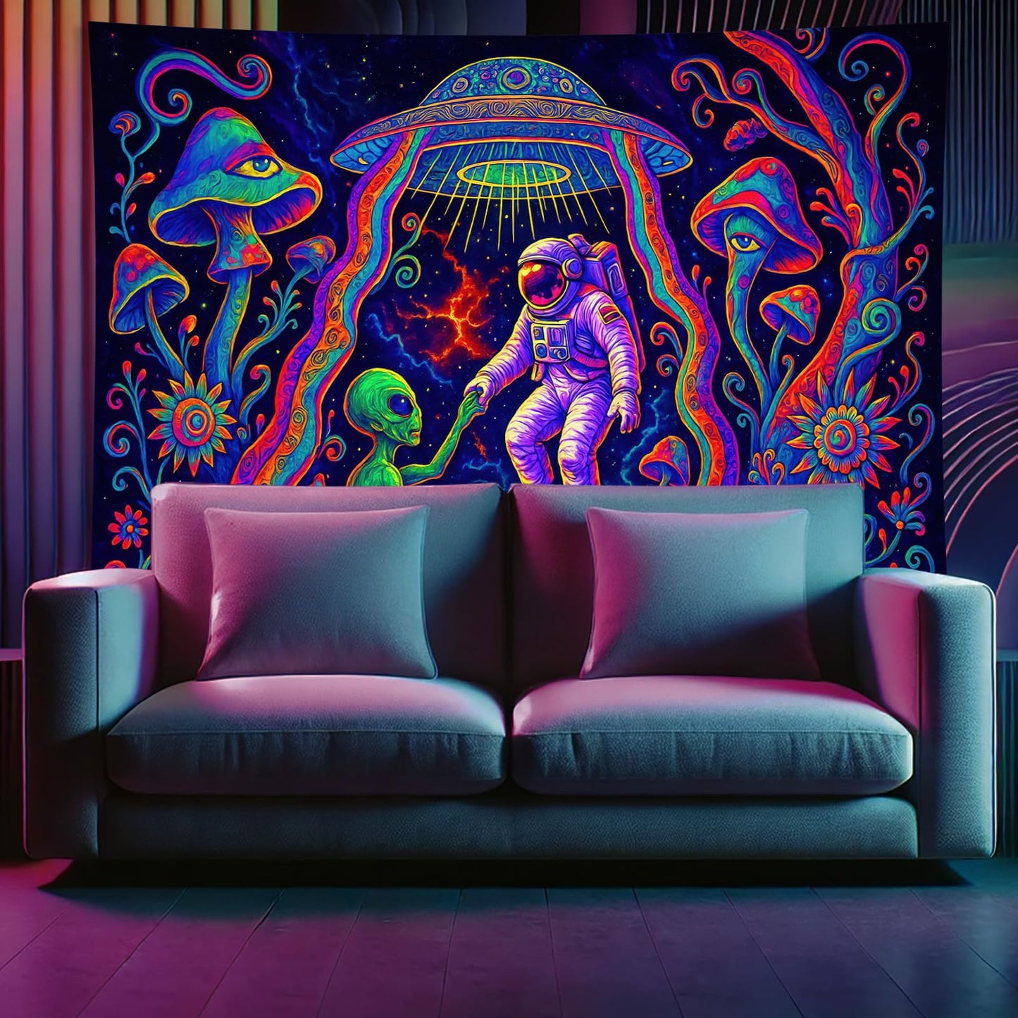 Starlit Patio Astronaut Blacklight Tapestry Trippy Forest Moon Vortex UV Reactive Galaxy Wall Hanging Psychedelic Space Poster Fluorescent Sci Fi Room Decor for Bedroom Dorm Gaming Lounge 78 x 59 Inch BST220