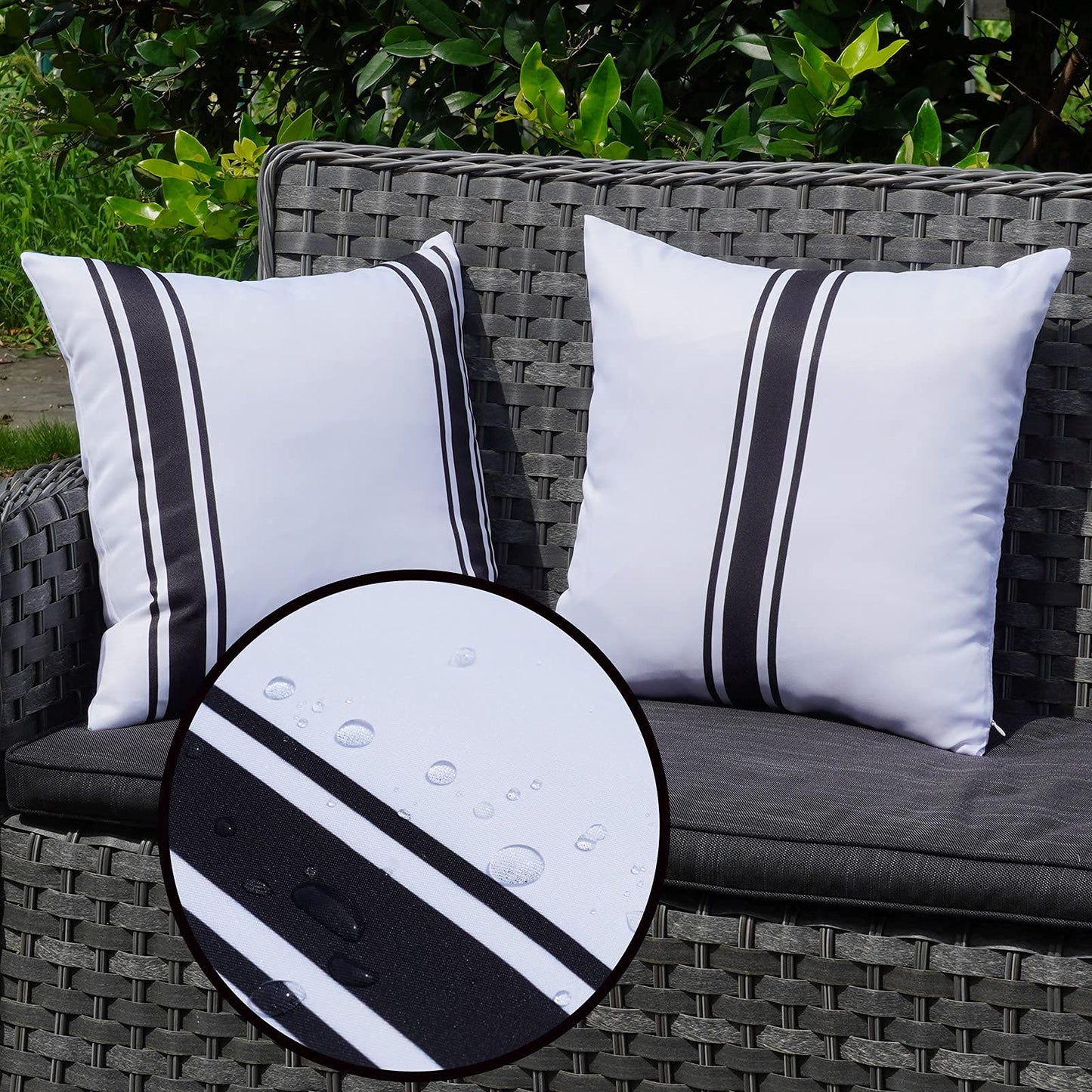 ONWAY Outdoor Pillow Covers Waterproof 18x18 Set of 2 Decorative Linen Throw Pillow Cover Beige and Black Striped Outdoor Pillows for Patio Furniture BST220