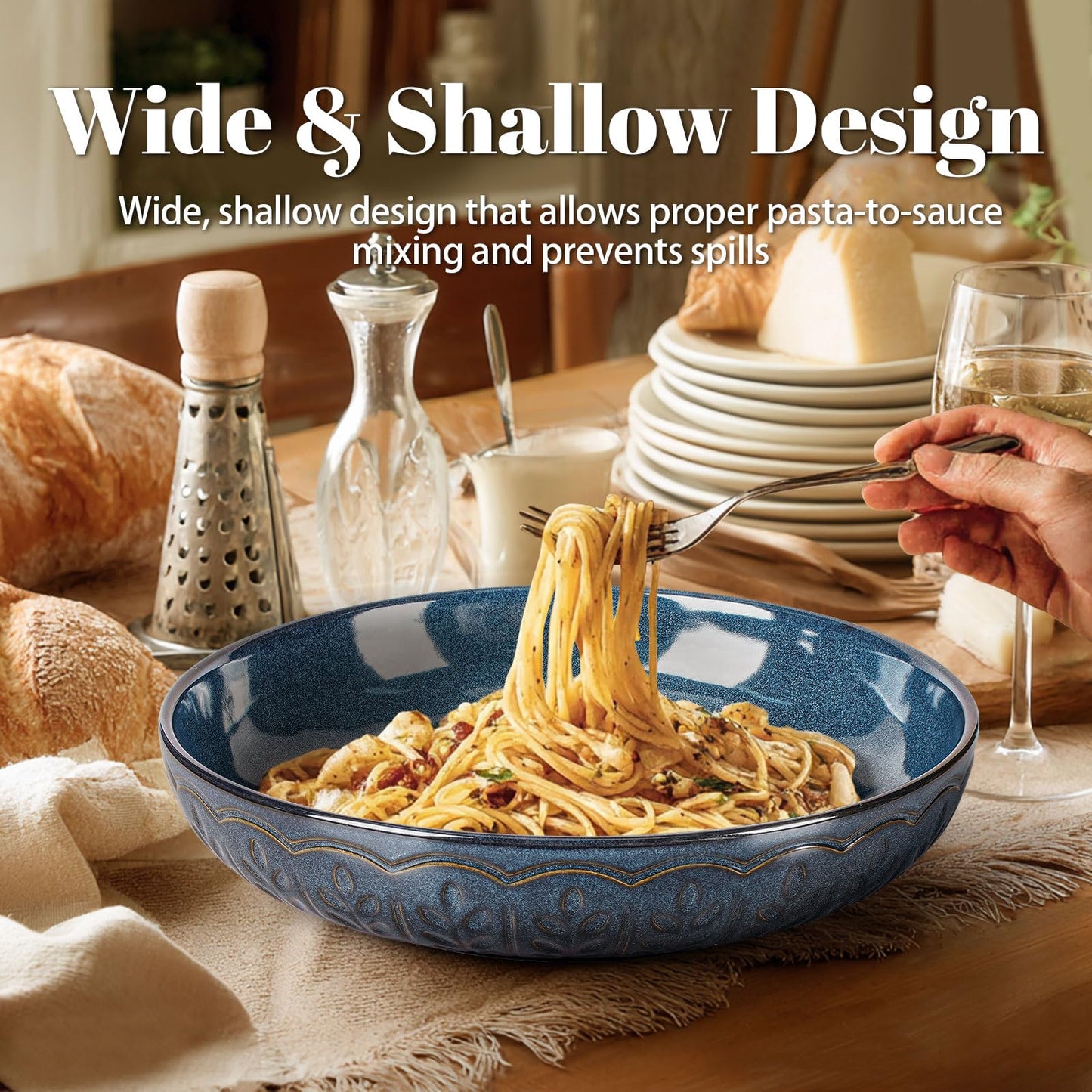 Artena Pasta Bowls, 50oz Large Salad Serving Bowls, 9.75'' Plates Bowls Set of 4, Big White Ceramic Soup Bowls for Kitchen, Embossment Shallow Dinner Bowl, Microwave Dishwasher Safe, Willow Leaf BST326H