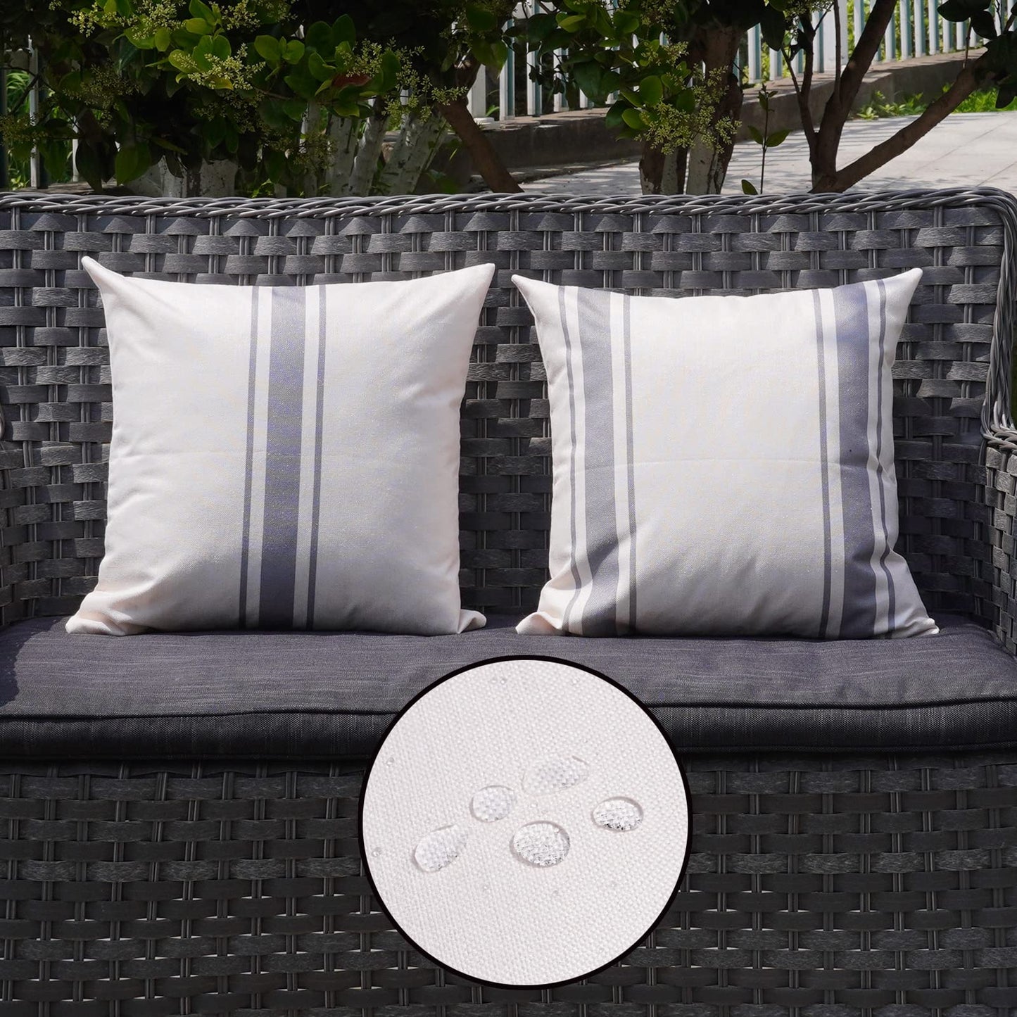 ONWAY Outdoor Pillow Covers Waterproof 18x18 Set of 2 Decorative Linen Throw Pillow Cover Beige and Black Striped Outdoor Pillows for Patio Furniture BST220