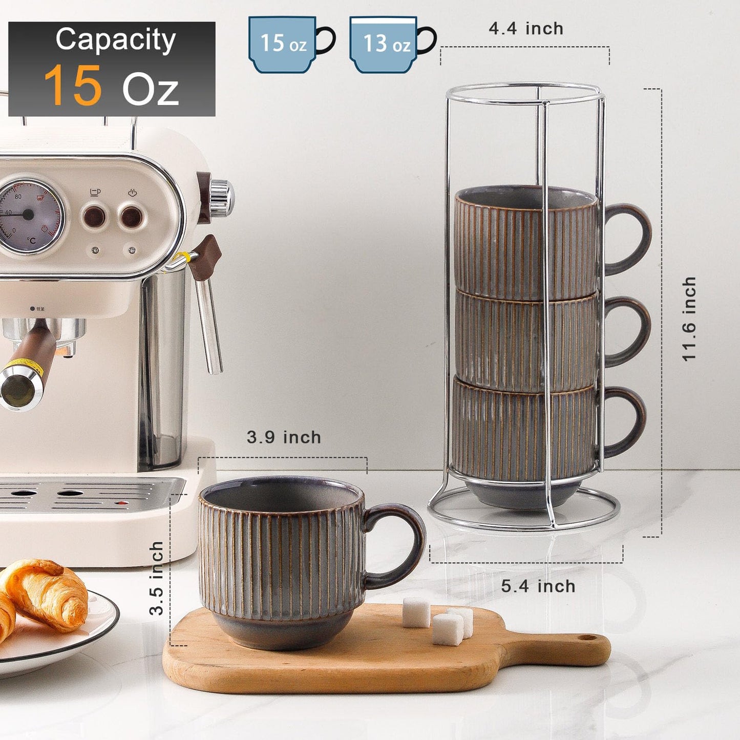 HASENSE 15 oz Ribbed Stackable Coffee Mug Set of 4, Porcelain Latte Cups with Metal Rack, Dishwasher & Microwave Safe, Cappuccino Tea Hot Cocoa, White BST220