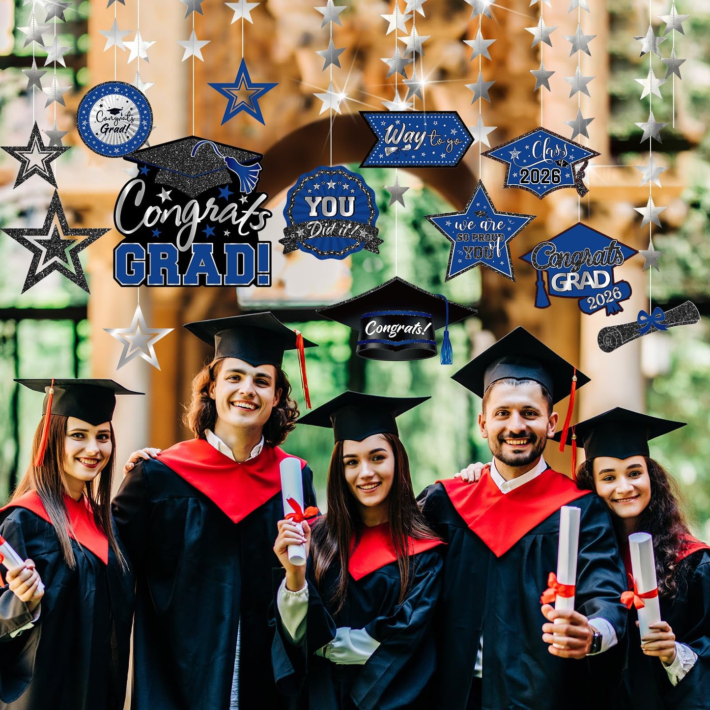Yisong 14 Pcs Graduation Garland Class of 2026 Graduate Decoration Diploma Hat Star Congrats Garland Banner Congrats Grad Streamers Backdrop for Graduation Party Supplies College Grad Decor(Red) BST202