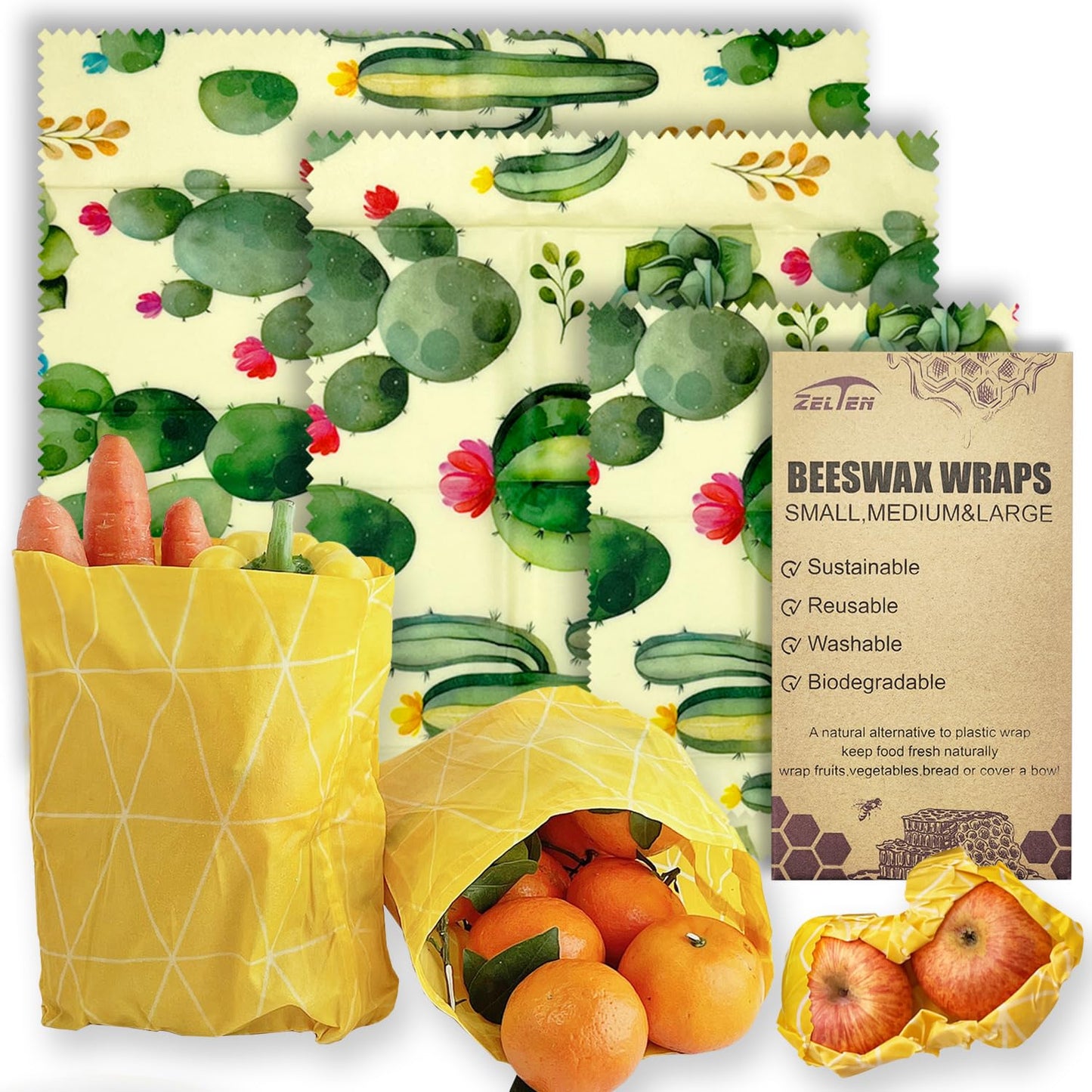 Beeswax Reusable Food Wraps - (6 Packs, 3 Sizes S,M,L, with 2 Meter Hemp Rope, Two Buttons) Plastic and Silicone Free, Eco-friendly Wrap, Wax Paper for Food,Flower BST220