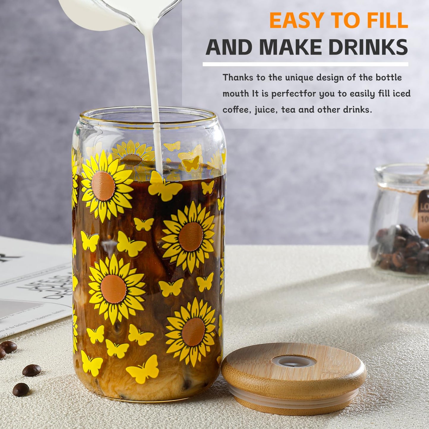 DWTS DANWEITESI Glass Cups “20oz”,Glass Cups with Lids and Straws 4 pcs-Coffee Cups,Drinking Glasses Set,Glass Tumbler with Straw and Lid Gift 2 Cleaning Brushes 600ml BST202