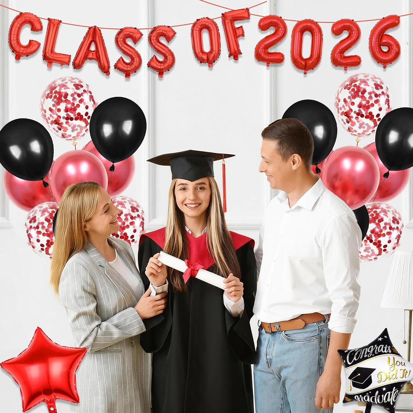 Graduation Party Decorations 2026 Balloons - 27 Pcs Red Black Class Of 2026 Banners Foil Graduation Cap Star Balloons Latex Balloon Set For High School College Graduation Party Decor Supplies BST326L