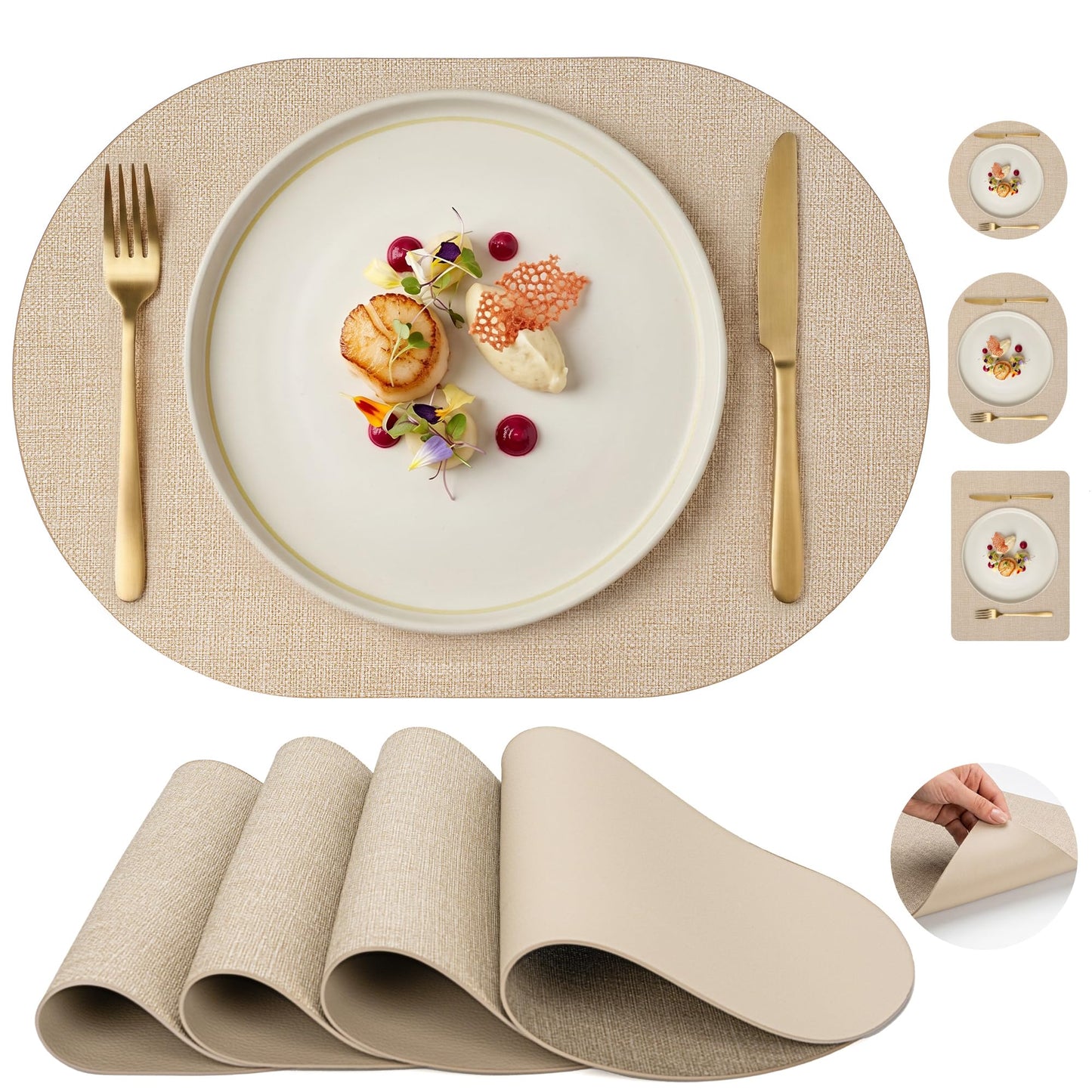 Faux Leather Placemats Set of 6, Wipeable Waterproof Stain Resistant Table Mats, Heat Resistant Thick Placemats with Hand-Painted Edges for Kitchen Dining, Imitative Linen Texture, Various Shapes BST326H