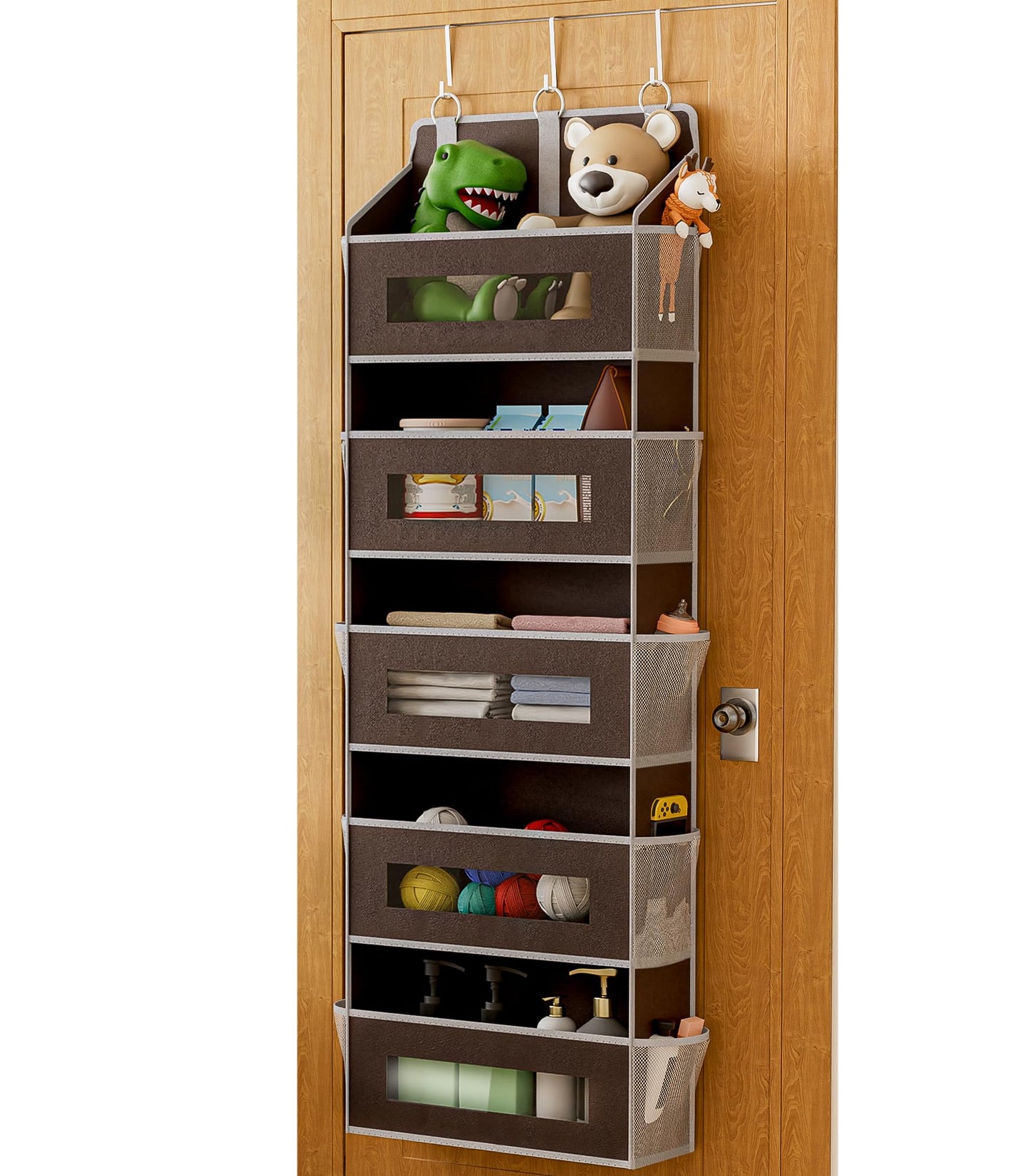 5 Tier Over The Door Organizer - Large Capacity Behind Door Hanging Shelves with 10 Mesh Pockets and Clear Windows, Closet Organizers and Storage for Bathroom, Bedroom, Nursery, Grey BST326H
