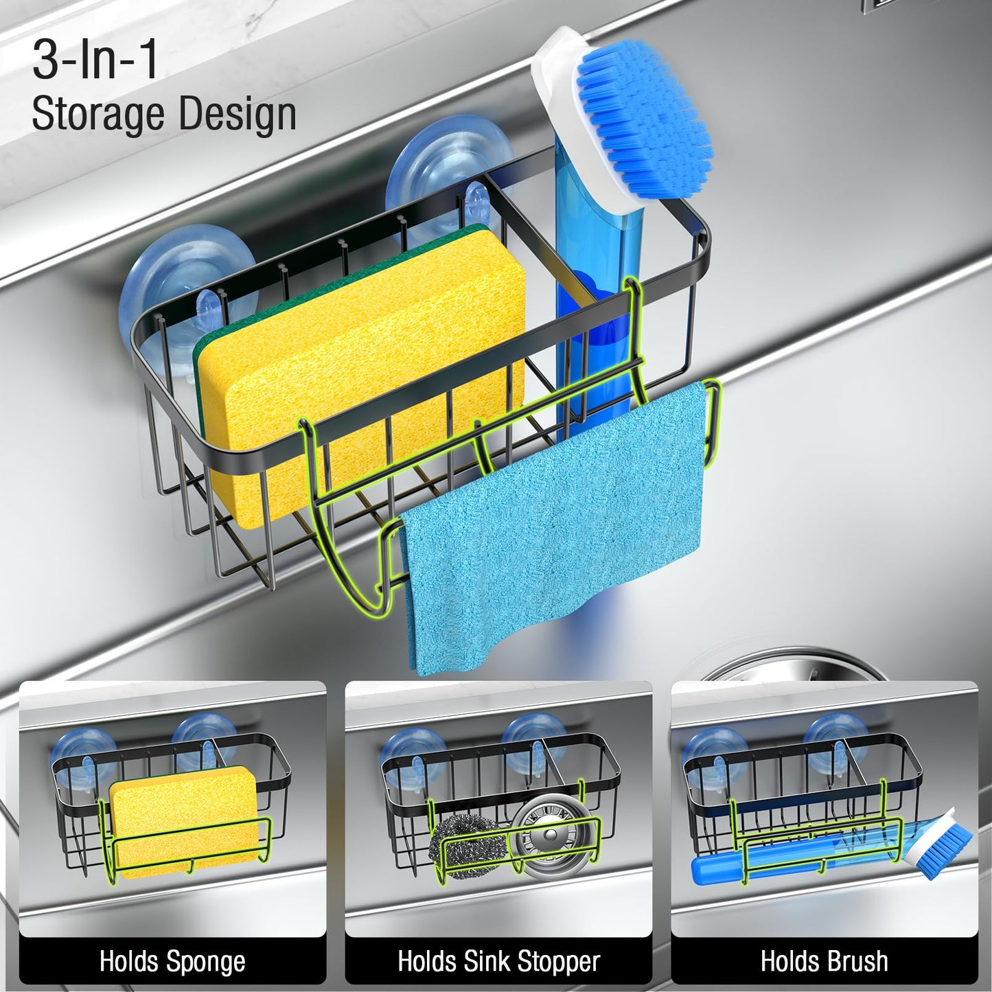 3-in-1 Kitchen Sink Caddy Organizer with Sponge Holder, Brush Holder, Extra Rack for Scrubber, Sink Stopper, Dish Cloth Hanger - Strong Dual Suction Cup, 2.0mm SUS304 Stainless Steel - Grey WN420