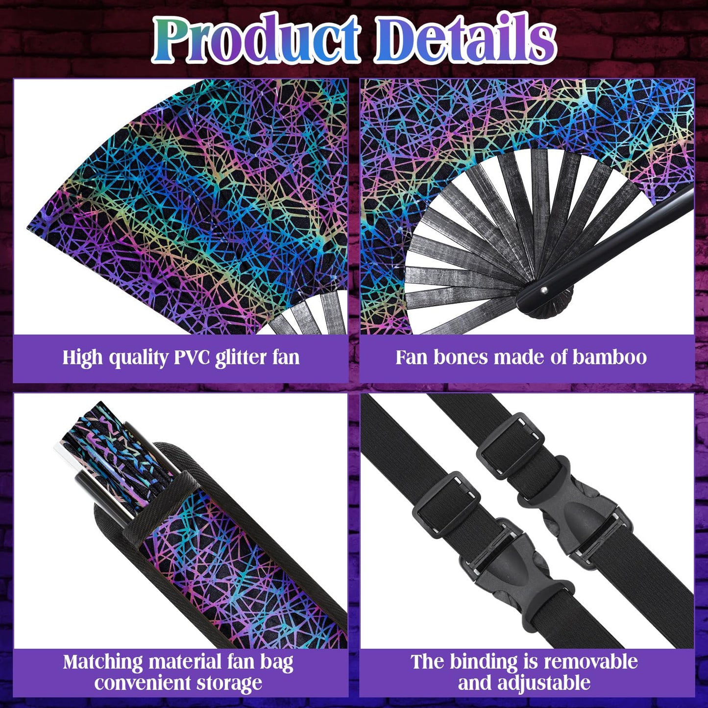 FairySandy Large Rave Fan UV Glow Clack Summer Hand Fan with Thigh Holster for Women Carnival Party Supplies for Carnival Edm Music Festival Club Accessories(Cool Style,Black) WN420