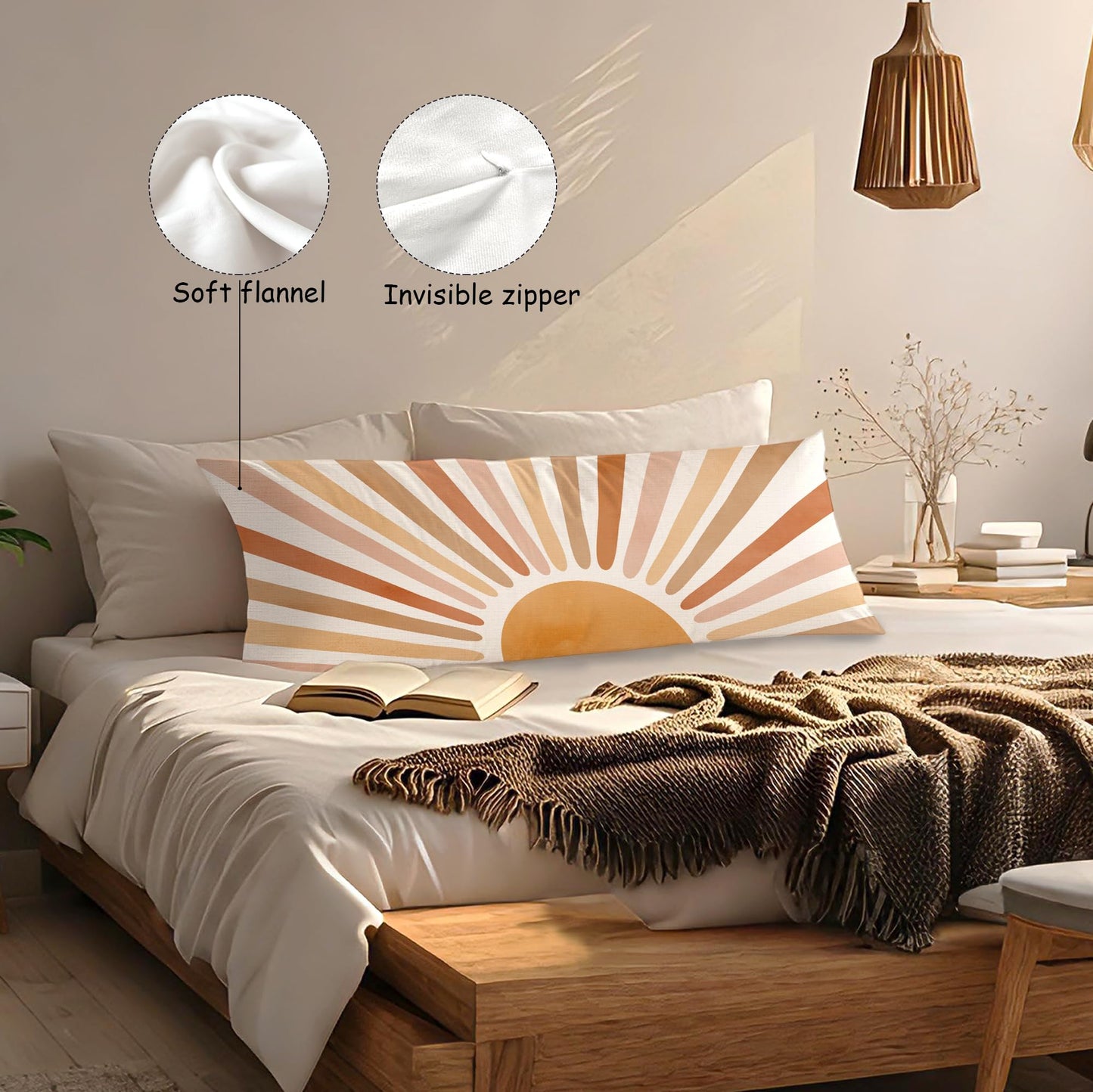 Boho Sun Sunshine 21x54 Body Pillow Cover Case, Modern Neutral Boho Horizontal Sun Sunset Sunrise Decorative Long Hug Pillow Cases for Bed Couch BST220