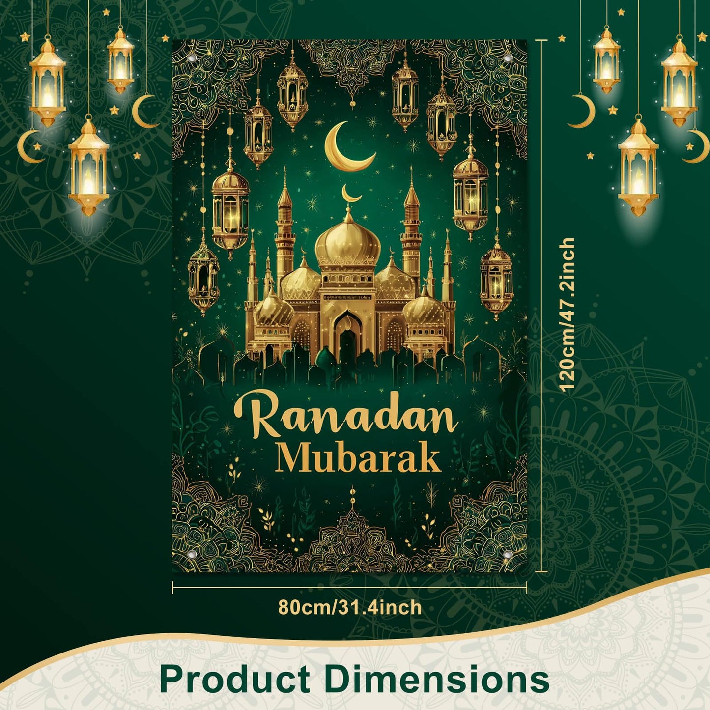 HOMETITUTE Eid Ramadan Window Banner Holiday Curtain Backdrop 31x47 Fabric | Mubarak Cover Festival Screen Windows Banner Hanging Living Room Bedroom Home Crescent Moon Star Pattern Design BST326H