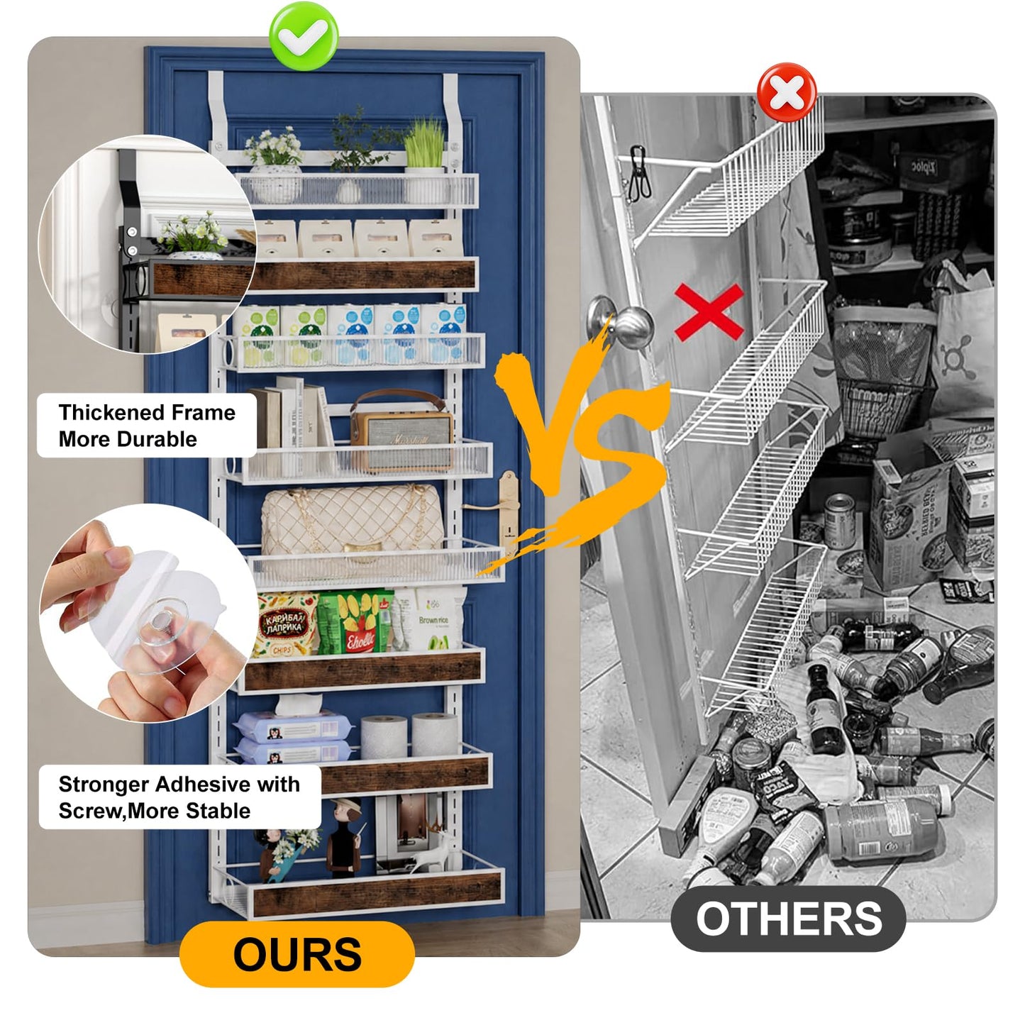 6 Tier Pantry Door Organizer Spice Rack, 2-IN-1 Wall Mount or Hanging Over Door Seasoning Organizer with Adjustable Baskets, Heavy Duty Behind Door Storage Shelves for Pantry, Cabinet and Kitchen BST220