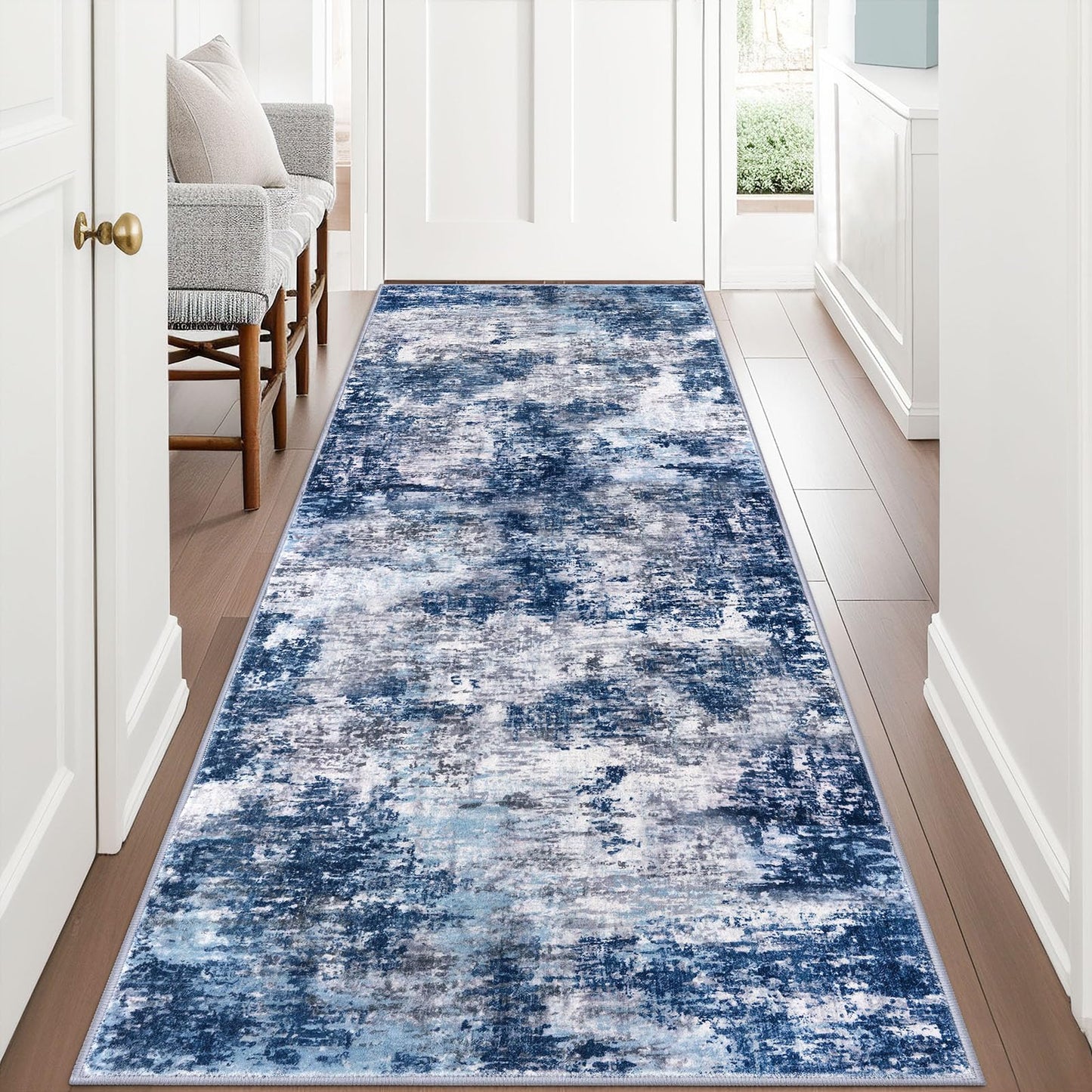 Lansny Modern Abstract Runner - 2x5, Beige Grey Washable Kitchen Entryway Rug Mat Non-Slip Soft Neutral Hallway Rug Thin Print Faux Wool Carpet for Bedroom Laundry Room Indoor BST220