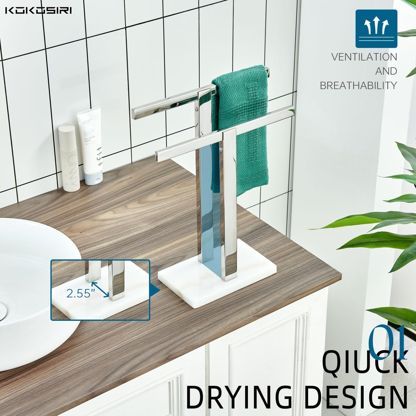 KOKOSIRI Hand Towel Holder Black Stand Towel Rack with Marble Base for Bathroom Kitchen Vanity Countertop, Stainless Steel 15.7'' Height THS0002-SM-BK BST202