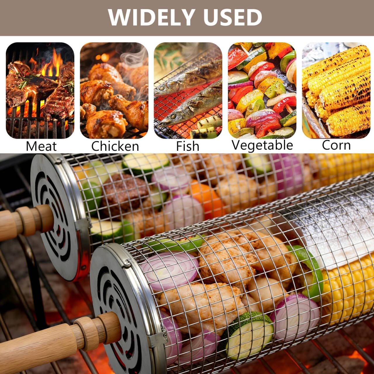 2Pcs Rolling Grill Baskets, 304 Stainless Steel Grill Baskets with Removable Wooden Handle Vegetable Grilling Basket for Outdoor Cooking, BBQ, Camping BBQ Grill Accessories Cooking Gift for Men BST202