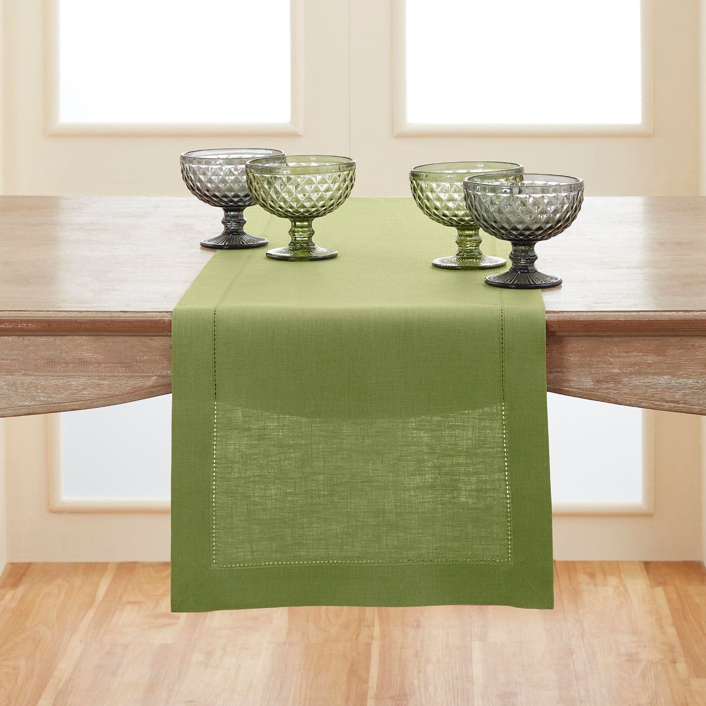 Solino Home 100% Pure Linen Table Runner Garden Green Hemstitch, 14 x 48 in | Classic Hemstitch Table Runners for dining, hallway and console table styling | hand hemstitched borders | OEKO-TEX Certified BST326SOLH