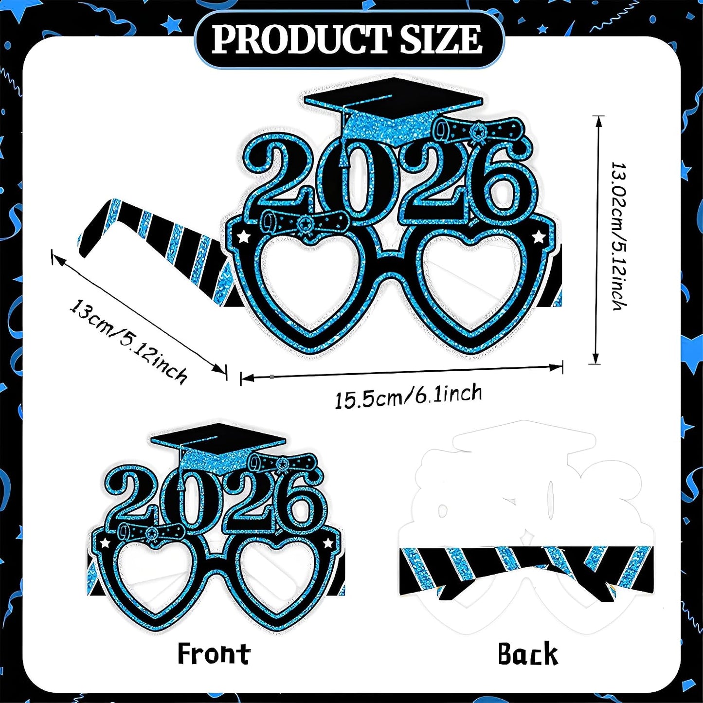 2026 Graduation Party Decorations Glasses, 12 Pcs Class of 2026 Grad Party Eyeglasses Photo Props, Graduation Photo Booth Props for Women Men College Graduation Favors Supplies (Blue) BST326L