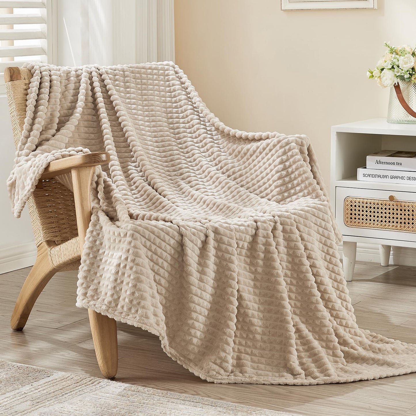 EMME Fleece Blanket, 3D Jacquard Throw Blanket for Couch and Bed, Soft Cozy and Fluffy Blankets Lightweight Luxury Flannel with Waffle Design (Navy Blue, 50" x 60") BST202
