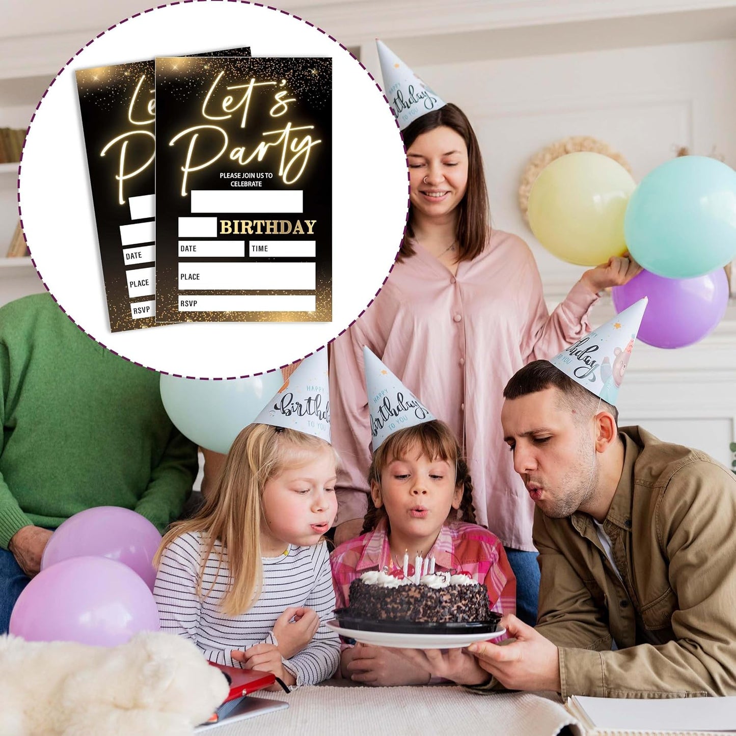 Let's Party! Gold Birthday Invitations, 4x6 Inch, 20Pcs Double-Sided Fill-In Cards & Envelopes for Boys, Girls, Birthday Parties WN420