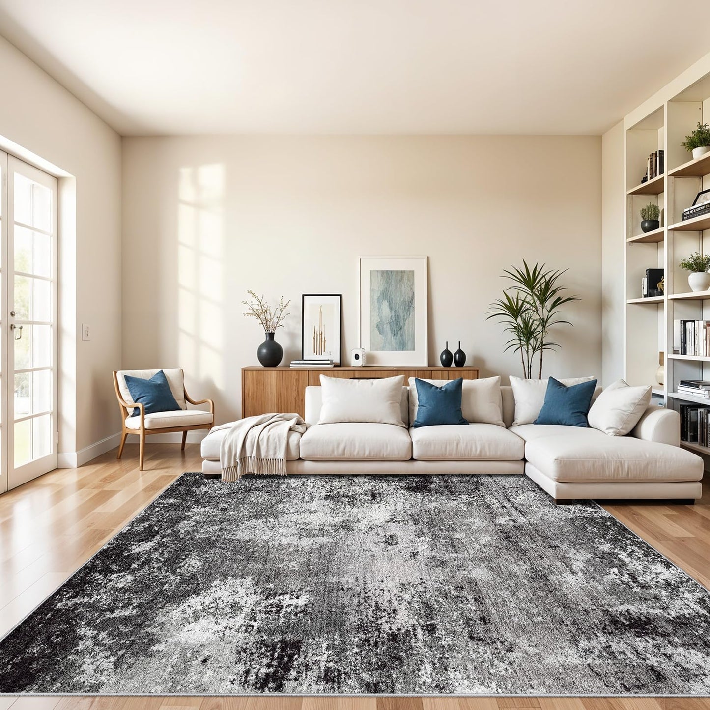 2x3 Washable Entryway Rug – Non-Slip Modern Abstract Neutral Small Throw Area Rug for Kitchen, Bedroom – Soft Low Pile Thin Indoor Door Mat（Black Grey,2x3） BST326H