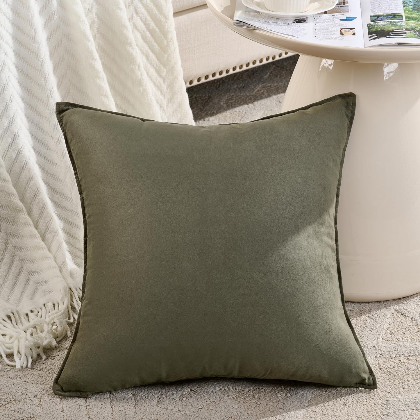 Fancy Homi 4 Packs Olive Green Decorative Throw Pillow Covers 18x18 inch, Super Soft Faux Suede Decor Square Pillow Covers 45x45 cm, Solid Cushion Cover for Couch Living Room Sofa Bedroom BST220