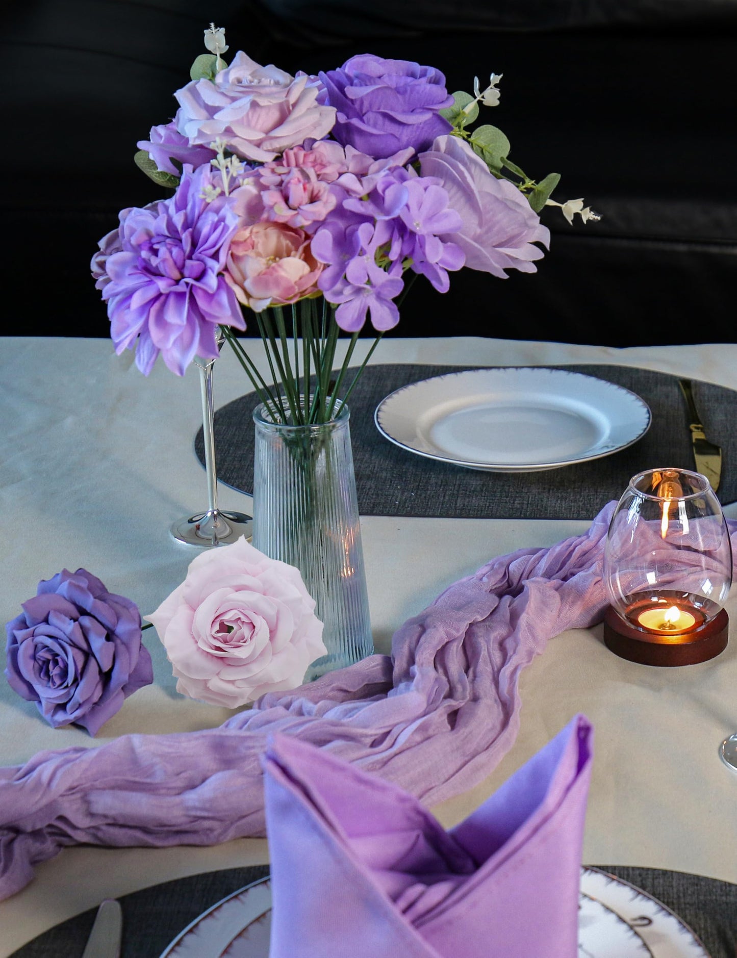 Artificial Flowers for Home Decorations: Purple Silk Fake Flowers Bulk Boxed Set, Peony Roses Bouquets with Stems for Table Centerpiece, DIY Wedding, Bridal Shower, Graduation Cap & Tea Party BST220