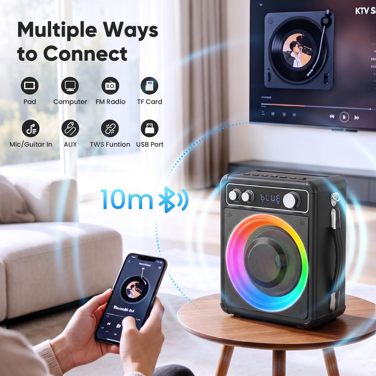 VOSOCO Karaoke Machine with 2 Wireless Microphones, Portable Bluetooth Speaker for Adults Kids, PA Systems Support TWS Echo Adjust TF USB AUX for Home Party Outdoor Travel