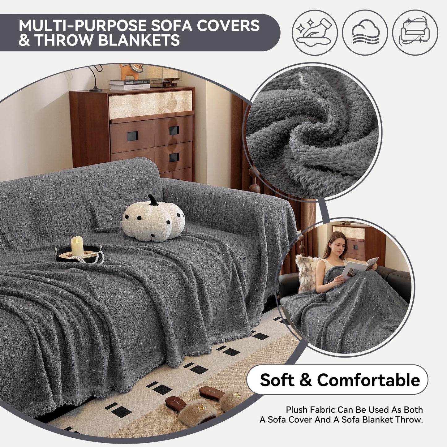 YDKGL Couch Covers Sofa Covers for Sectional Sofa 3 Cushion Sofa Pet Friendly, L Shaped Couch Cover Blanket Washable Non Slip Furniture Protector, Soft Sofa Slipcover for Kids Dogs, Dark Grey 91"x134" BST220