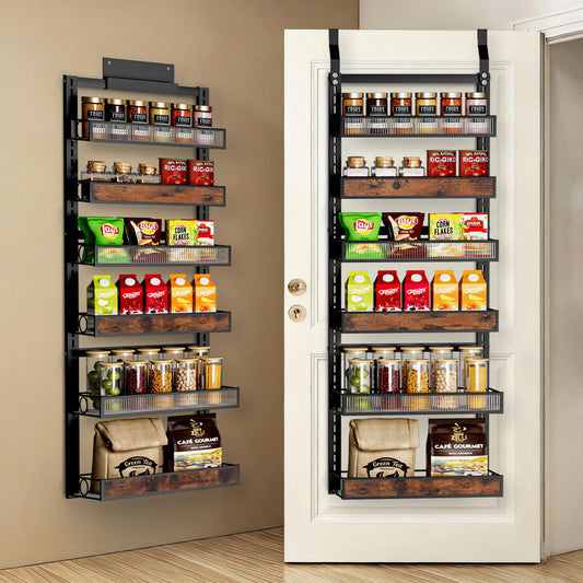 6 Tier Pantry Door Organizer Spice Rack, 2-IN-1 Wall Mount or Hanging Over Door Seasoning Organizer with Adjustable Baskets, Heavy Duty Behind Door Storage Shelves for Pantry, Cabinet and Kitchen BST220
