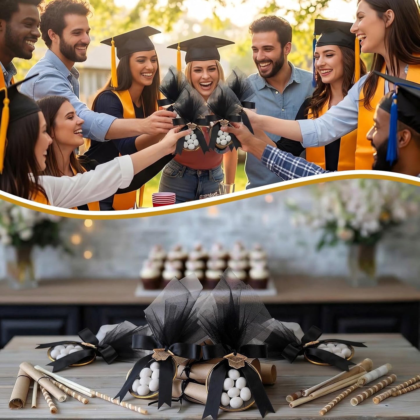 Leinuosen 30 Set Graduation Almond Candy Favors with Ring Tulle Bag DIY Marzipan Souvenirs for Class of 2026 Party Graduate Tradition Favors No Almond Candy (Black,Golden) WN420