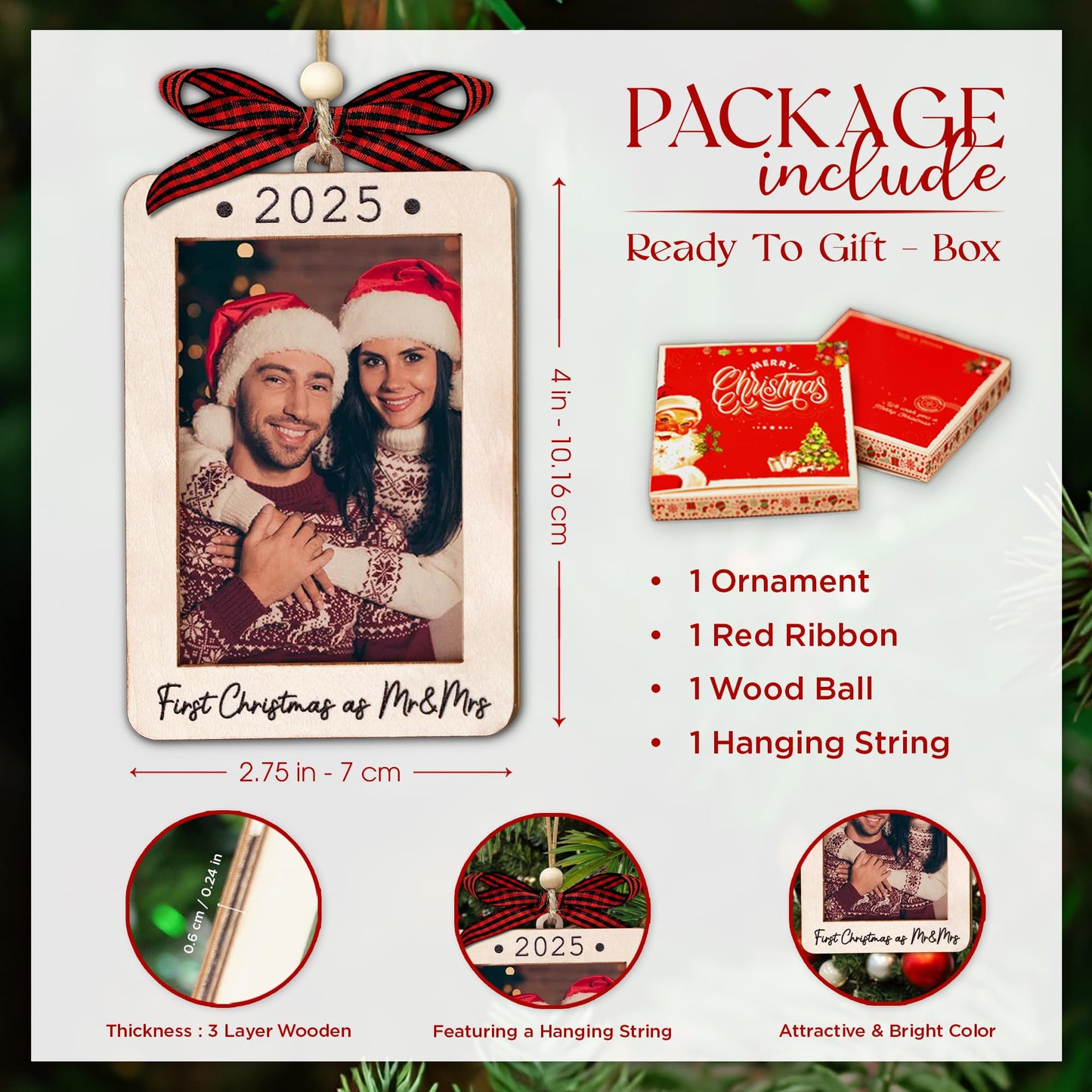 Hangwoous Baby's First Christmas Photo Frame Ornament 2025 | Wooden portrait frame keepsake, first Christmas photo gift for baby BST202