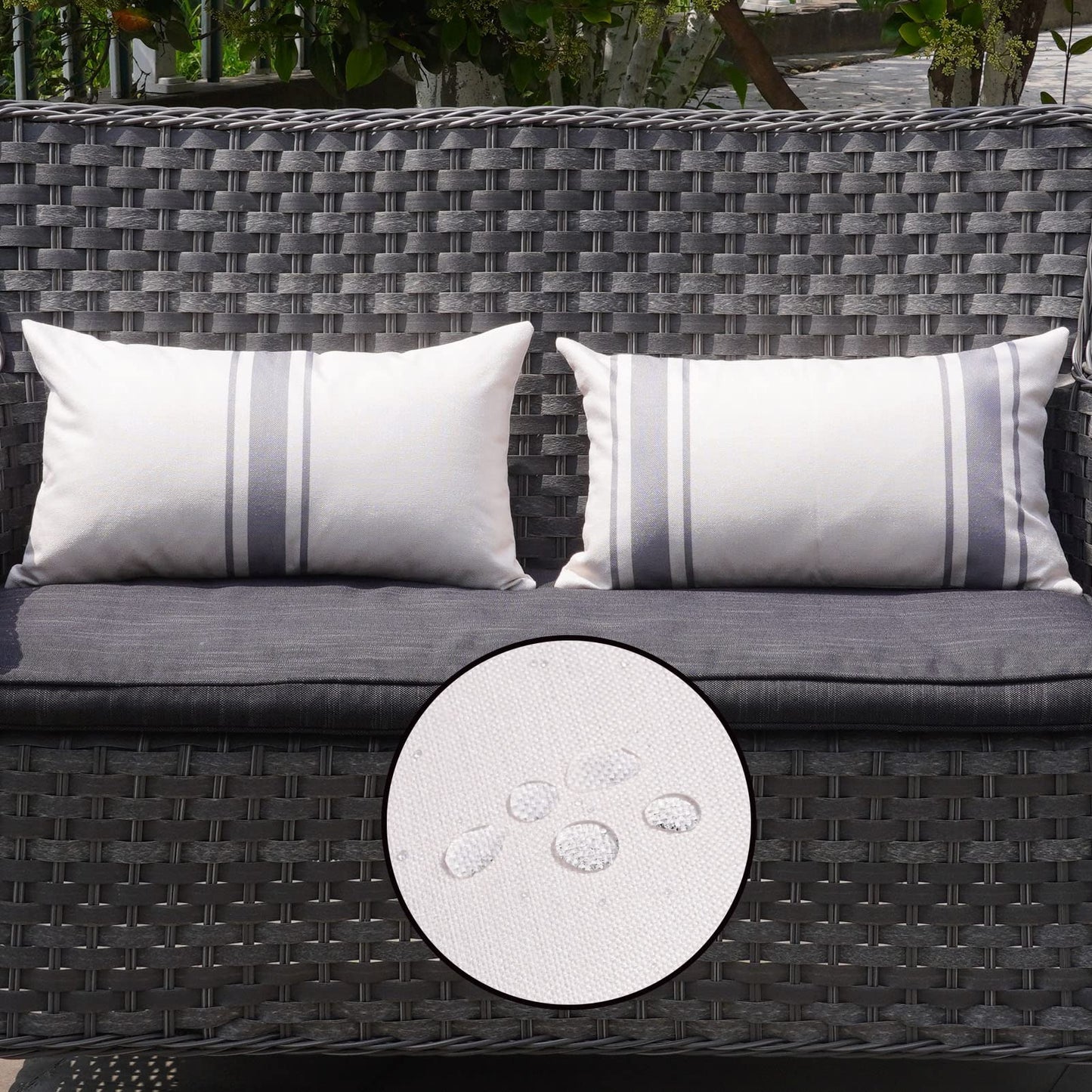 ONWAY Outdoor Pillow Covers Waterproof 18x18 Set of 2 Decorative Linen Throw Pillow Cover Beige and Black Striped Outdoor Pillows for Patio Furniture BST220