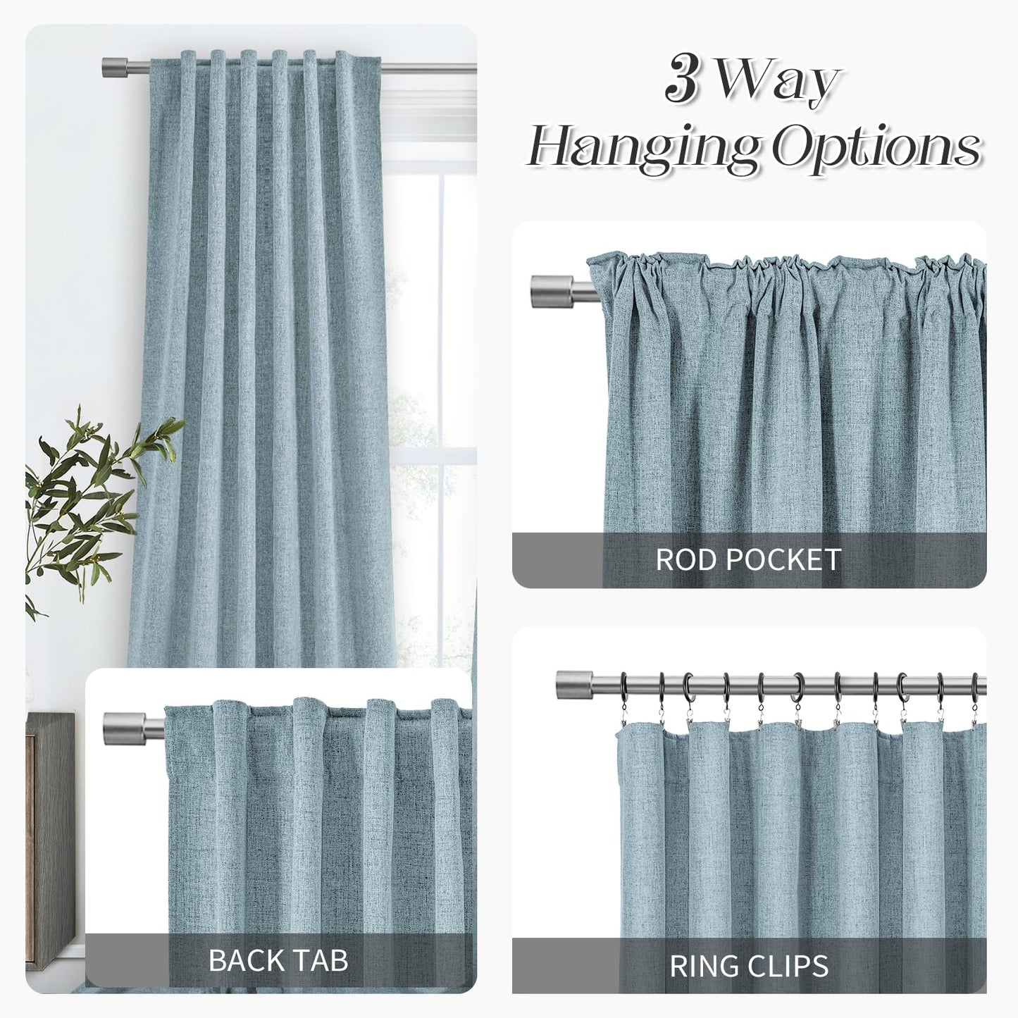 PANGSINNE Short Curtains for Windows Bathroom, 100% Blackout Linen Boho Back Tab Pleated Cafe Curtains for Kitchen Bedroom, 54 Inch Length 2 Panels Set, Dusty Blue BST326H