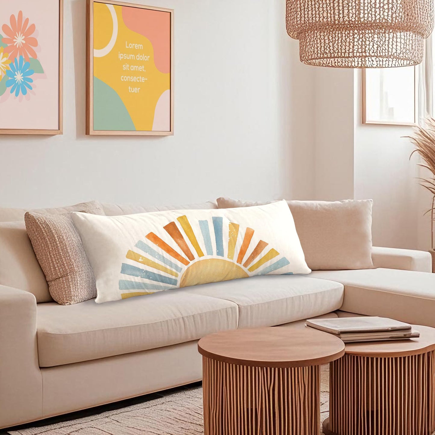 Boho Sun Sunshine 21x54 Body Pillow Cover Case, Modern Neutral Boho Horizontal Sun Sunset Sunrise Decorative Long Hug Pillow Cases for Bed Couch BST220