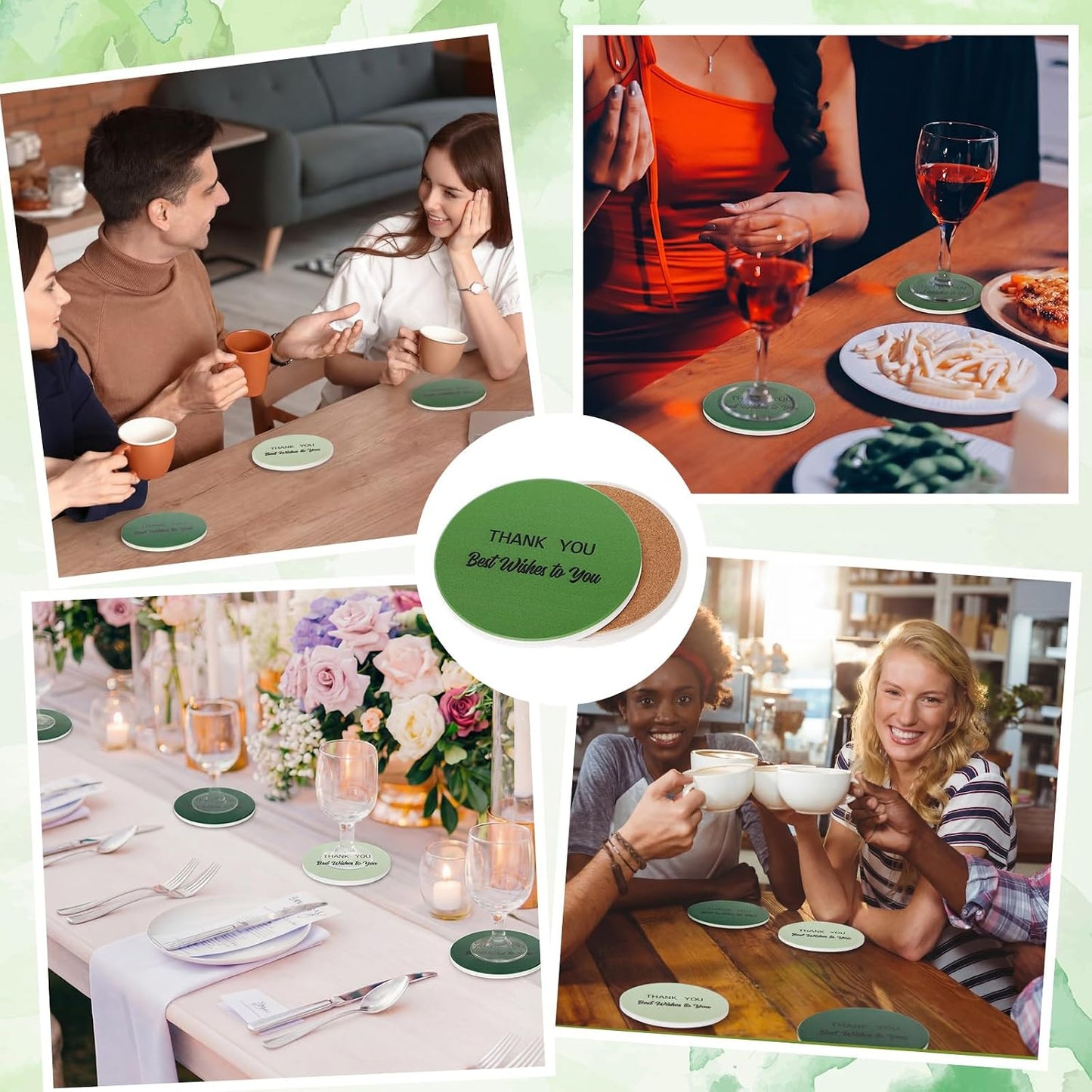 Zhehao 24 Pcs Sage Green Thank You Gift Set, Bulk Ceramic Coasters with Cards and Organza Bags for Employee Appreciation, Teacher Appreciation Gifts, Wedding Favors, Baby Shower, Church Party Favors BST326L