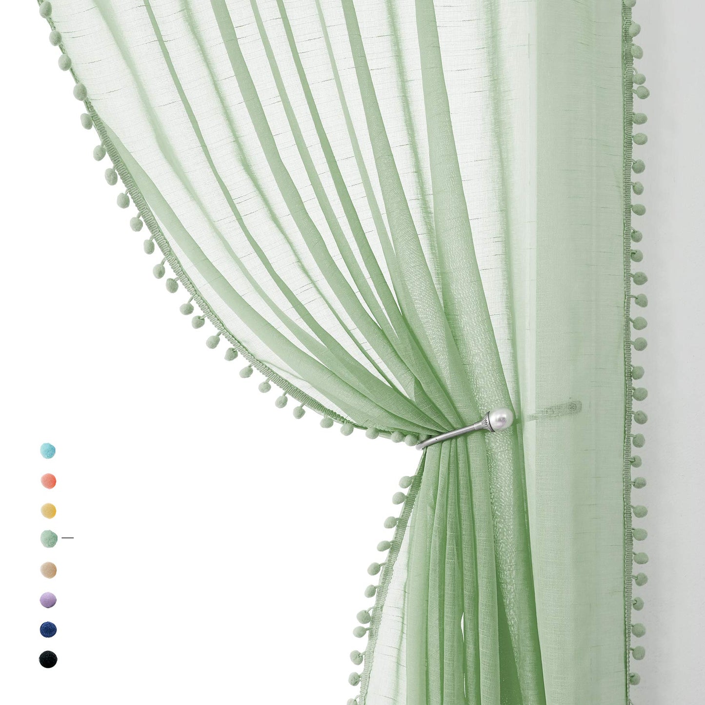 Treatmentex Pom-Pom Grey Sheer Curtains for Bedroom 63" Window Drapes Rod Pocket Textured Sheer Curtain for Kids Room 52" w 2 Panels BST202
