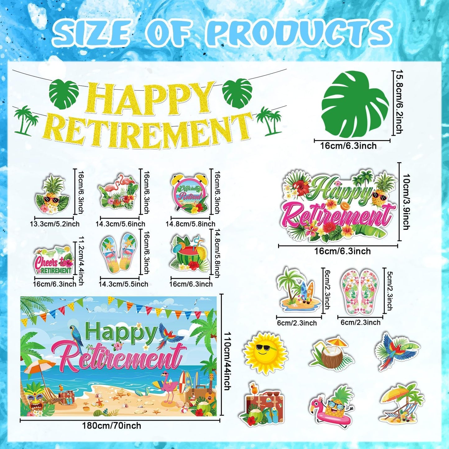 Rngmsi Hawaiian Retirement Party Decorations - 26 Pcs Happy Retirement Banner Decorations Set with Backdrop Hanging Swirls Cupcake Toppers Cake Topper, Aloha Tropical Summer Beach Party Decor Supplies WN420